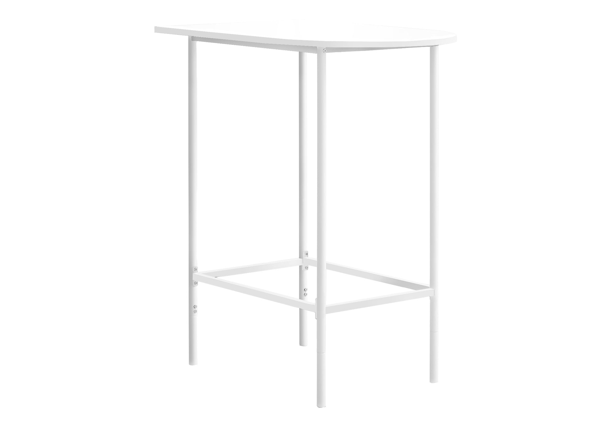 White metal bar table with a curved top and minimalist frame
