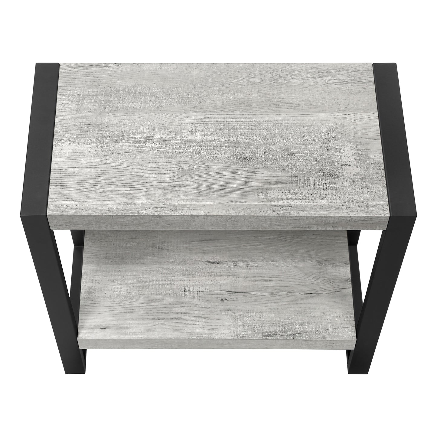 Modern grey wood end table with black metal frame and two shelves