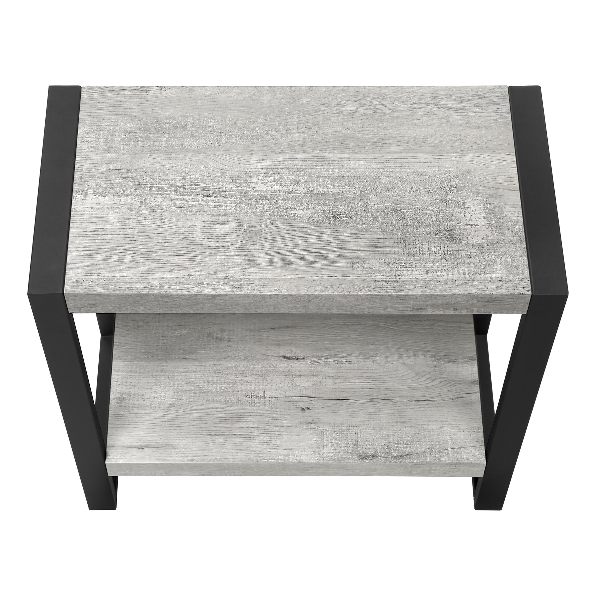 Modern grey wood end table with black metal frame and two shelves