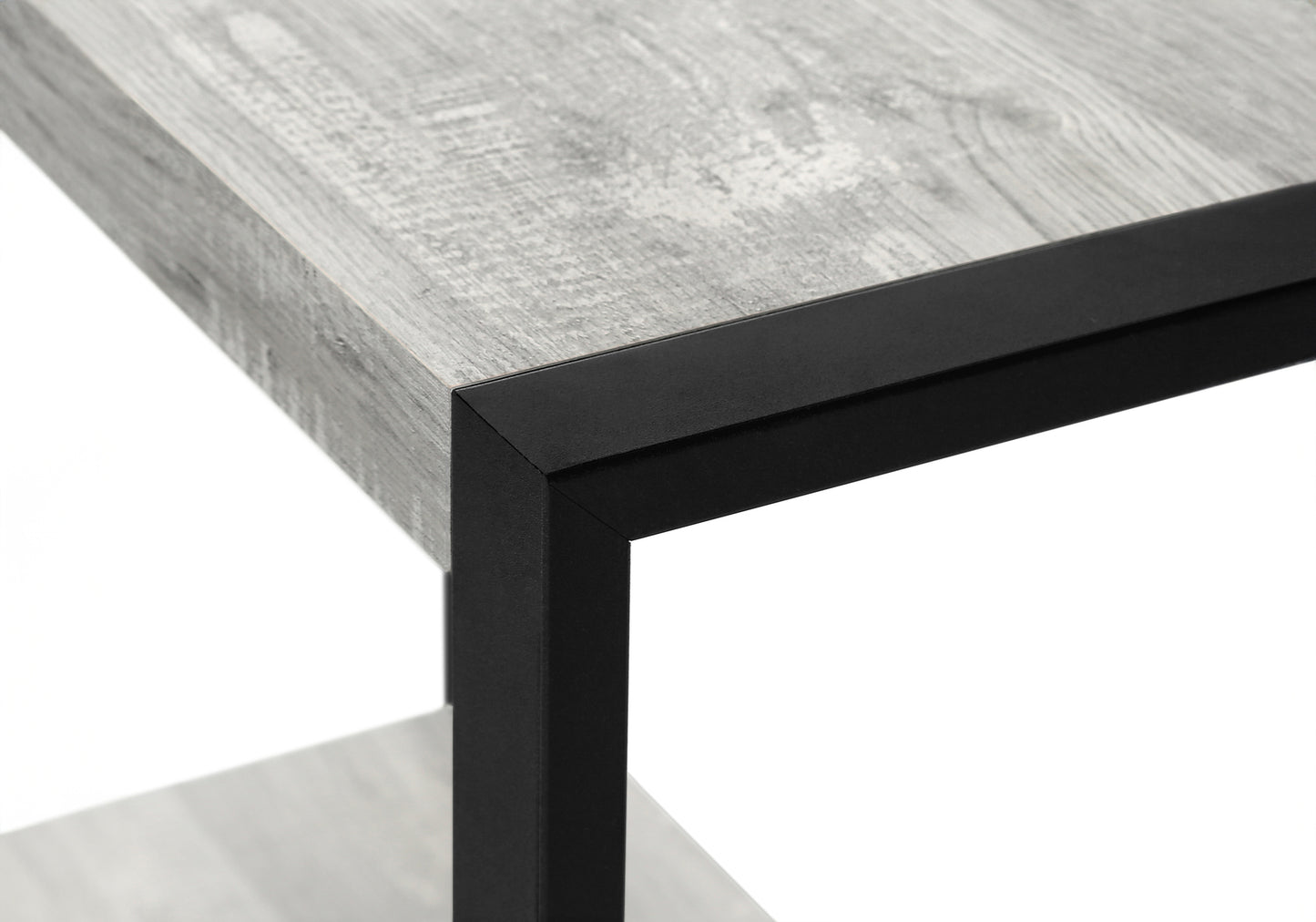 Close up of a grey wood grain shelf with a black metal frame modern style