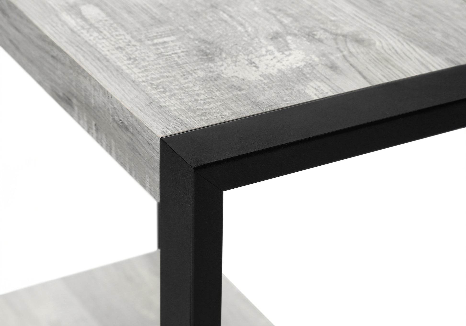Close up of a grey wood grain shelf with a black metal frame modern style