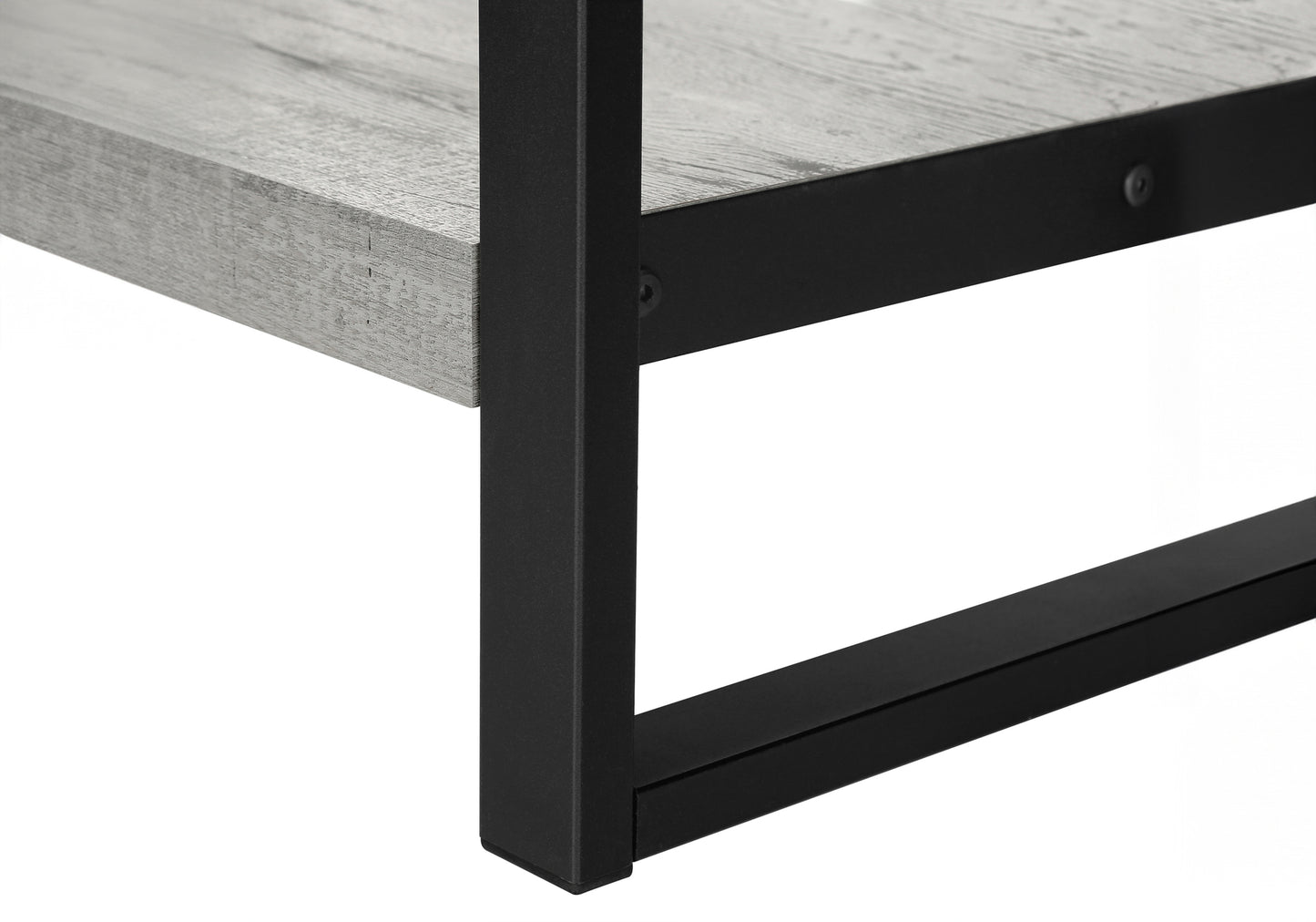 Closeup of grey wood shelf with black metal frame modern furniture