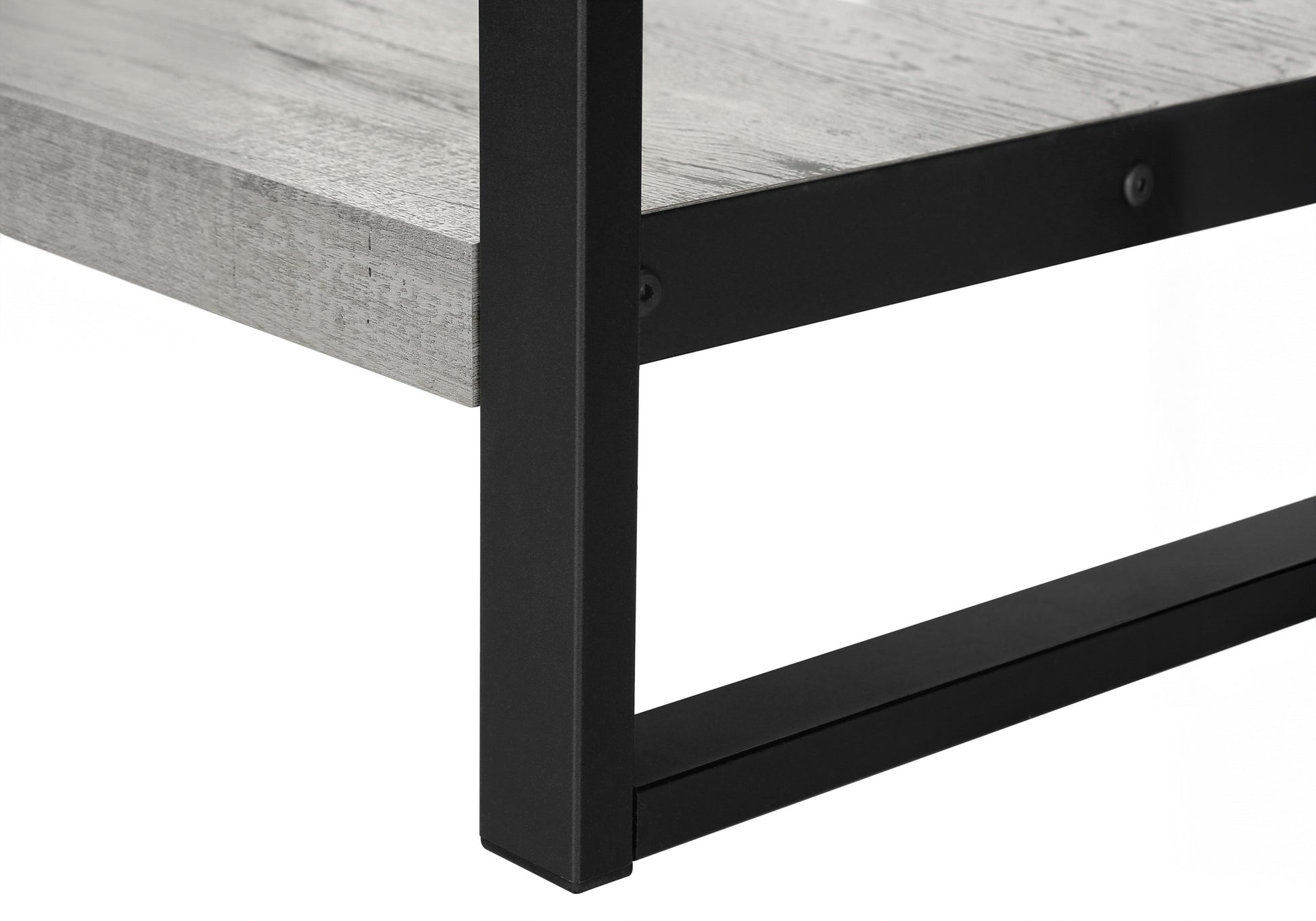 Closeup of grey wood shelf with black metal frame modern furniture