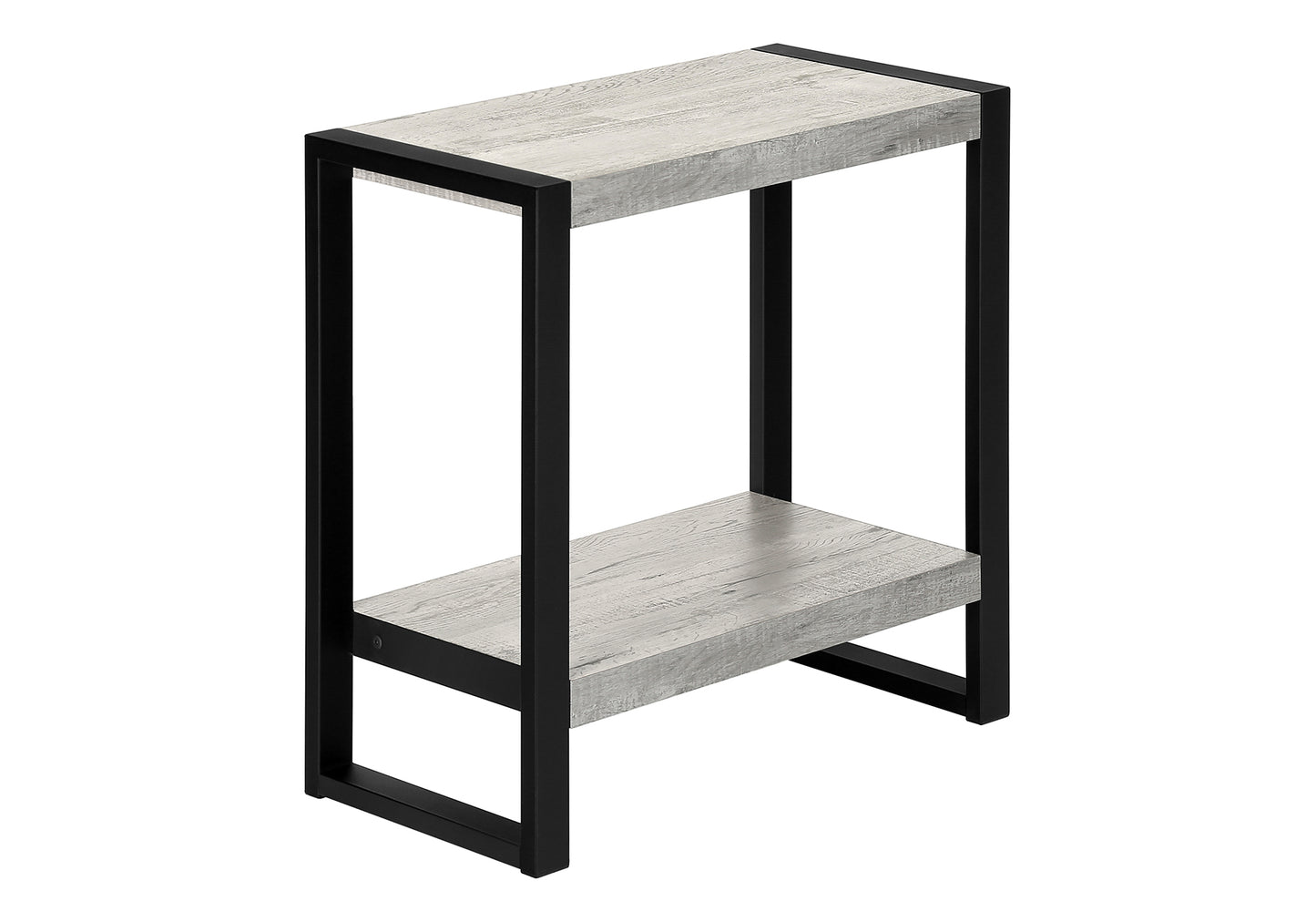 Slim grey wood effect end table with black metal frame and two shelves