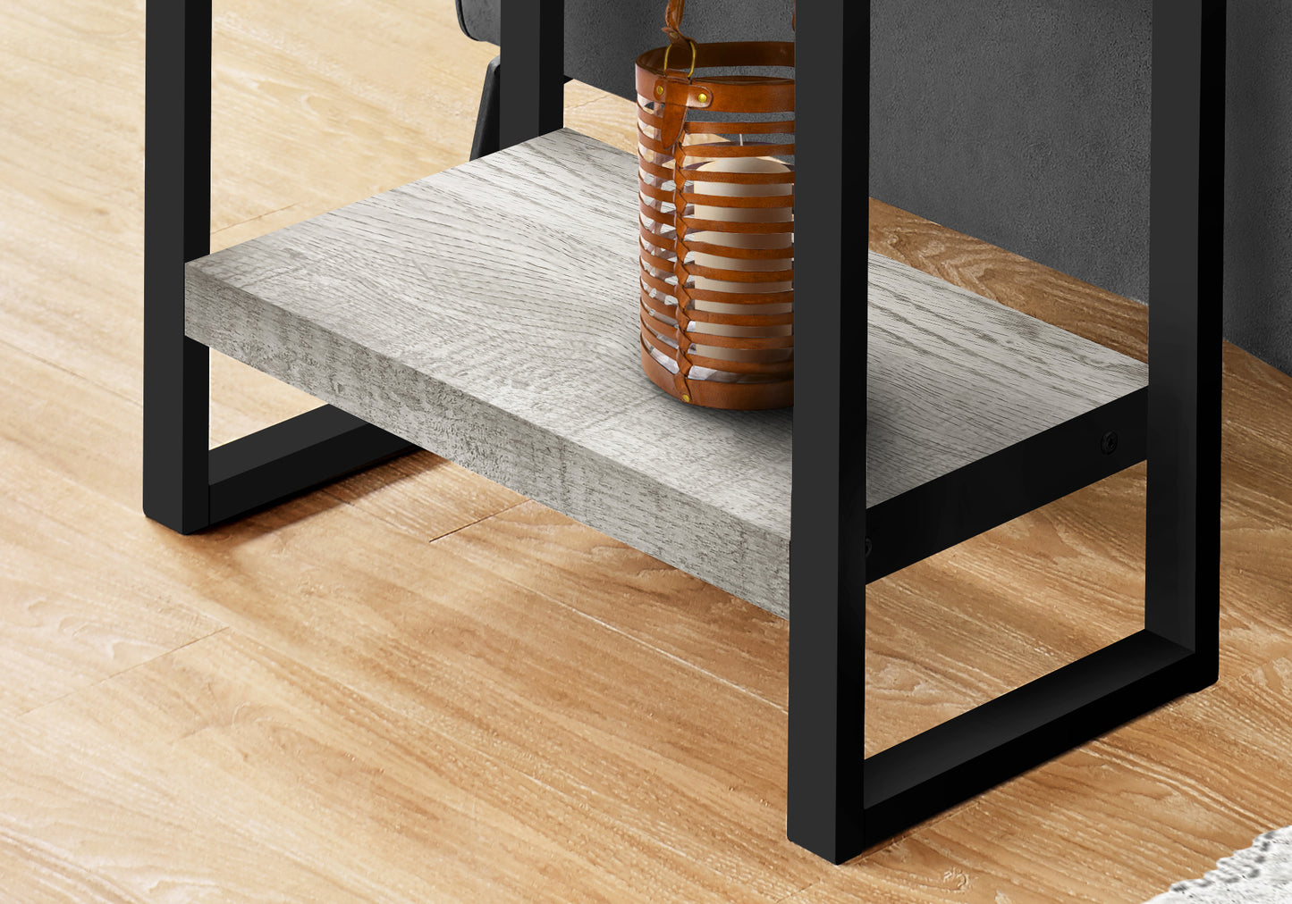 Distressed grey wood shelf with black metal frame side table accent
