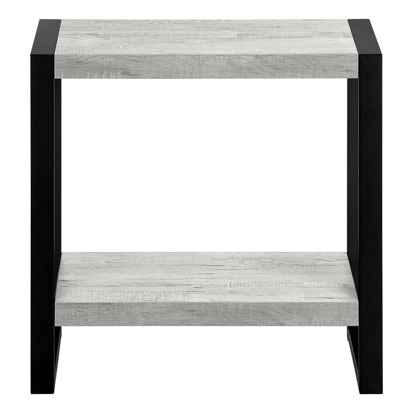 Modern grey wood grain twotier end table with black metal frame for living rooms