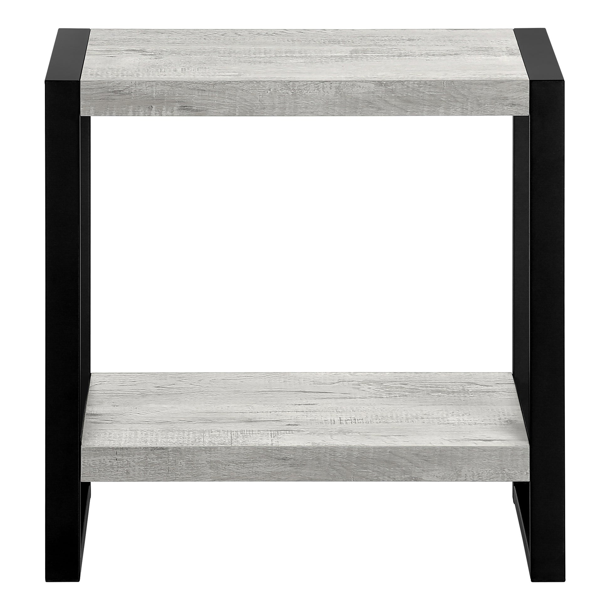 Modern grey wood grain twotier end table with black metal frame for living rooms