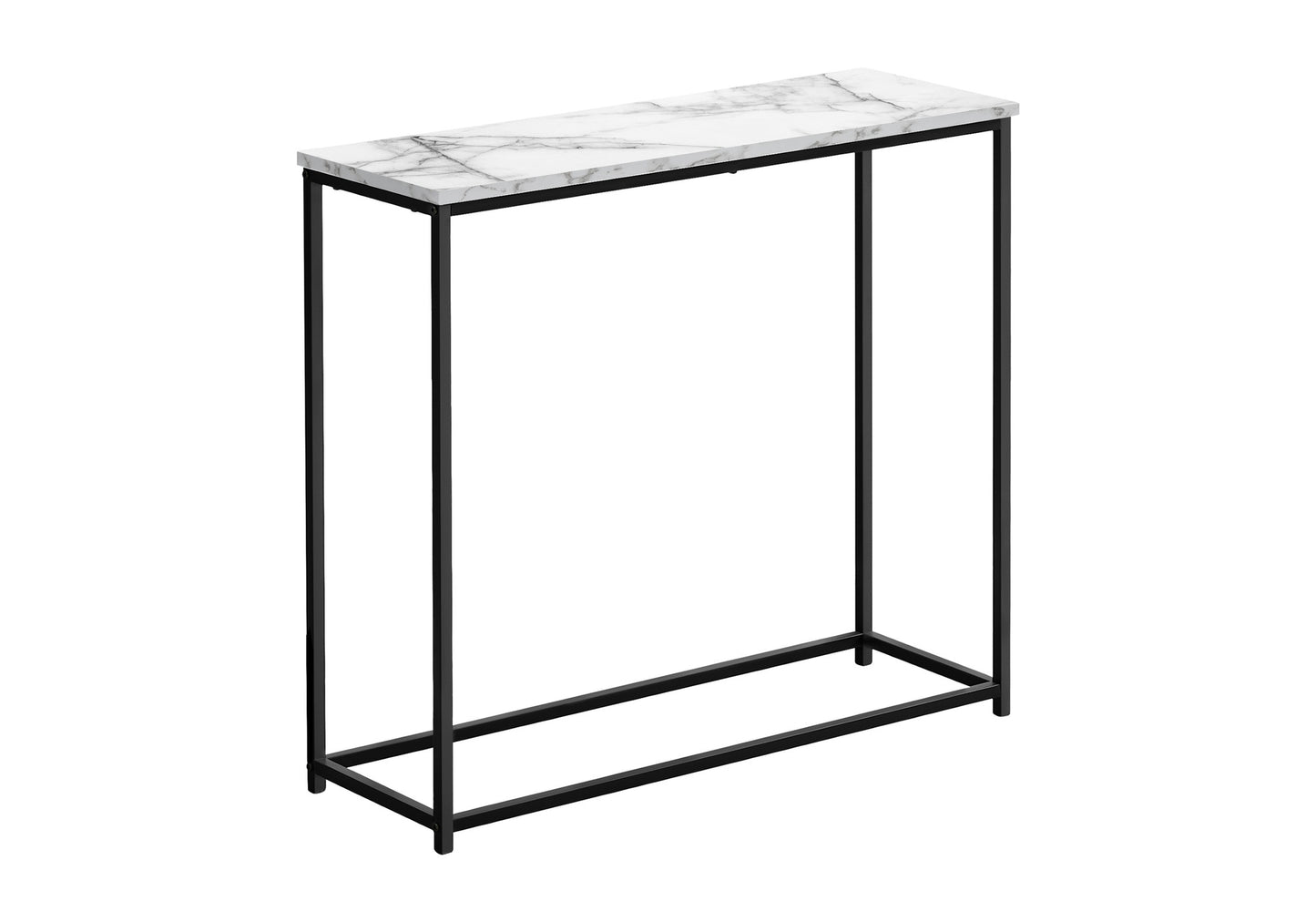 Slim console table with white marble top and black metal frame