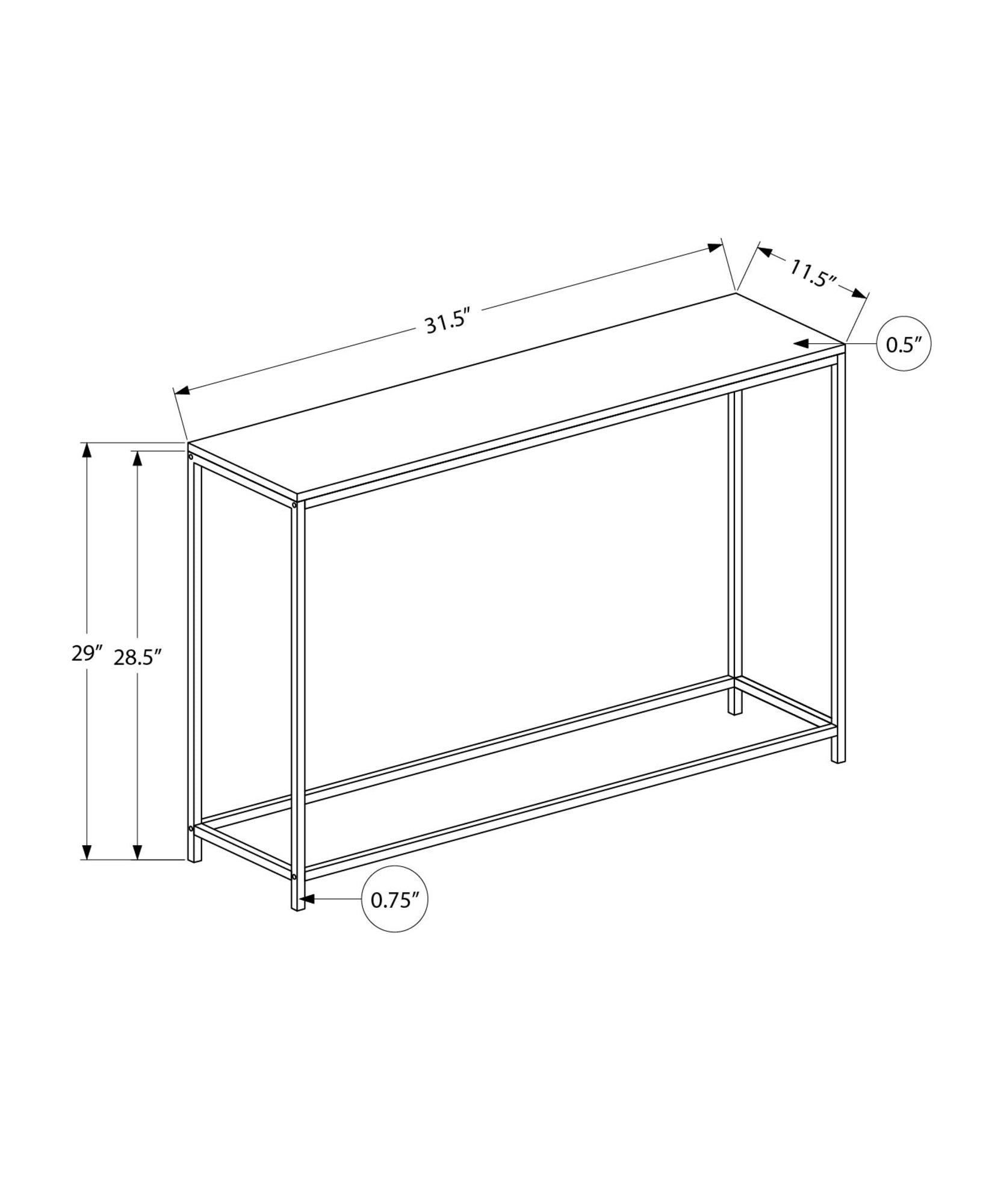Line drawing of a metal console table  W x  D x  H