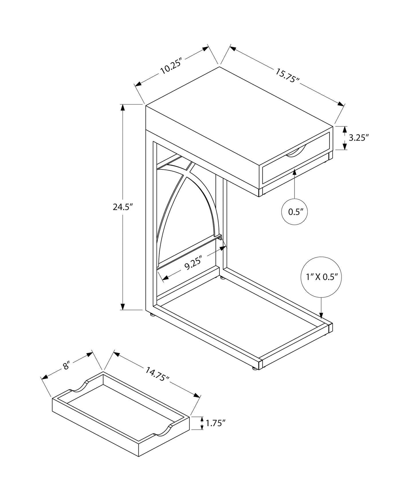 Line drawing of a Ctable with dimensions  H x  W x  D