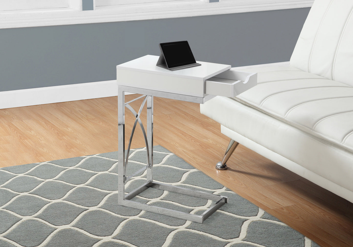 White Ctable with open drawer and chrome frame perfect for laptops