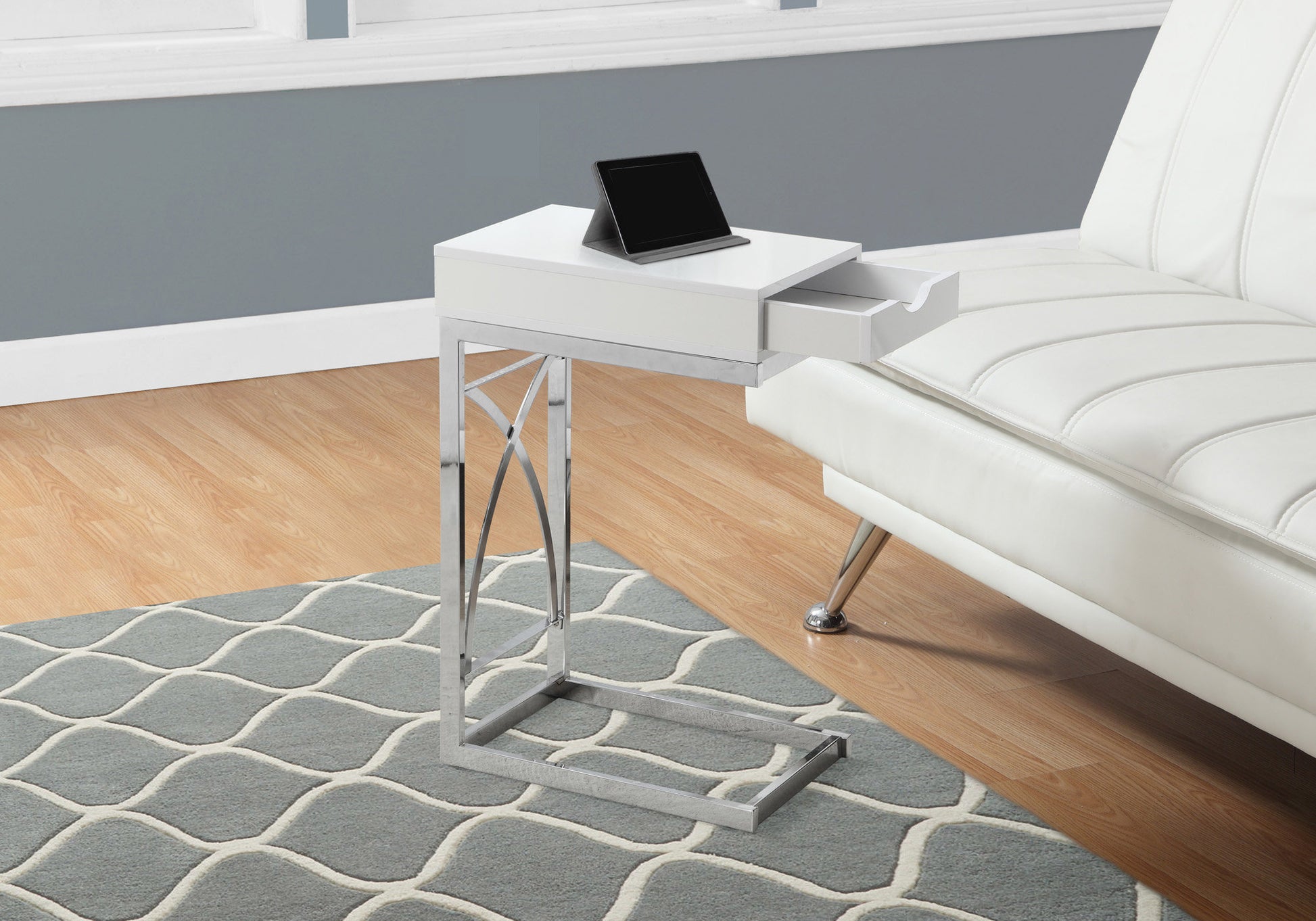 White Ctable with open drawer and chrome frame perfect for laptops