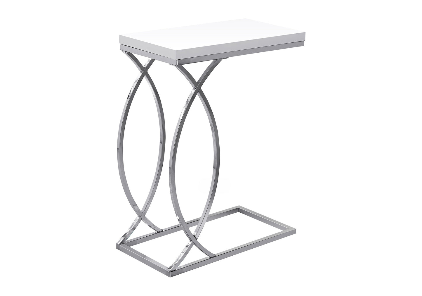 White Ctable with chrome hourglass base for living room accent