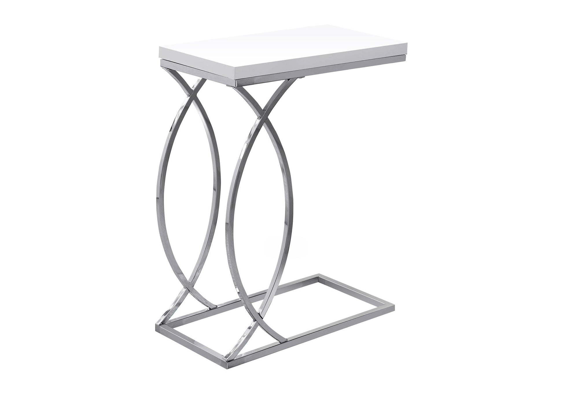 White Ctable with chrome hourglass base for living room accent