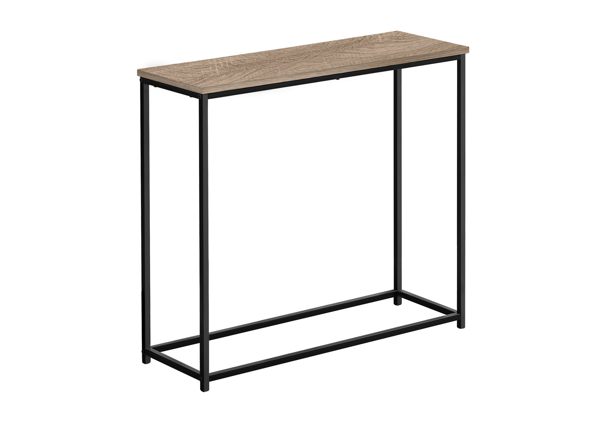 Narrow wooden top console table with black metal frame