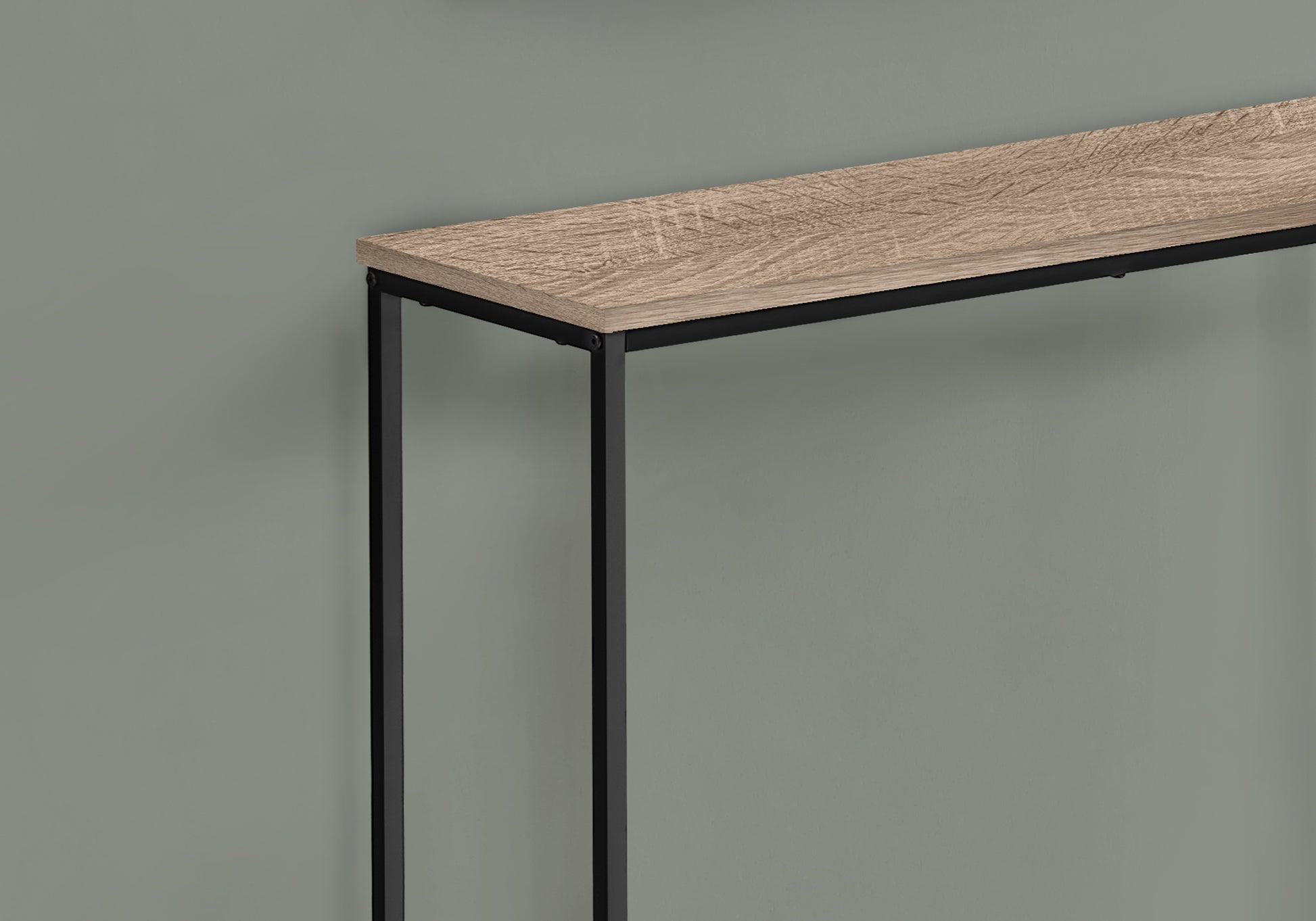 Rustic oak effect console table with black metal legs and a slim profile