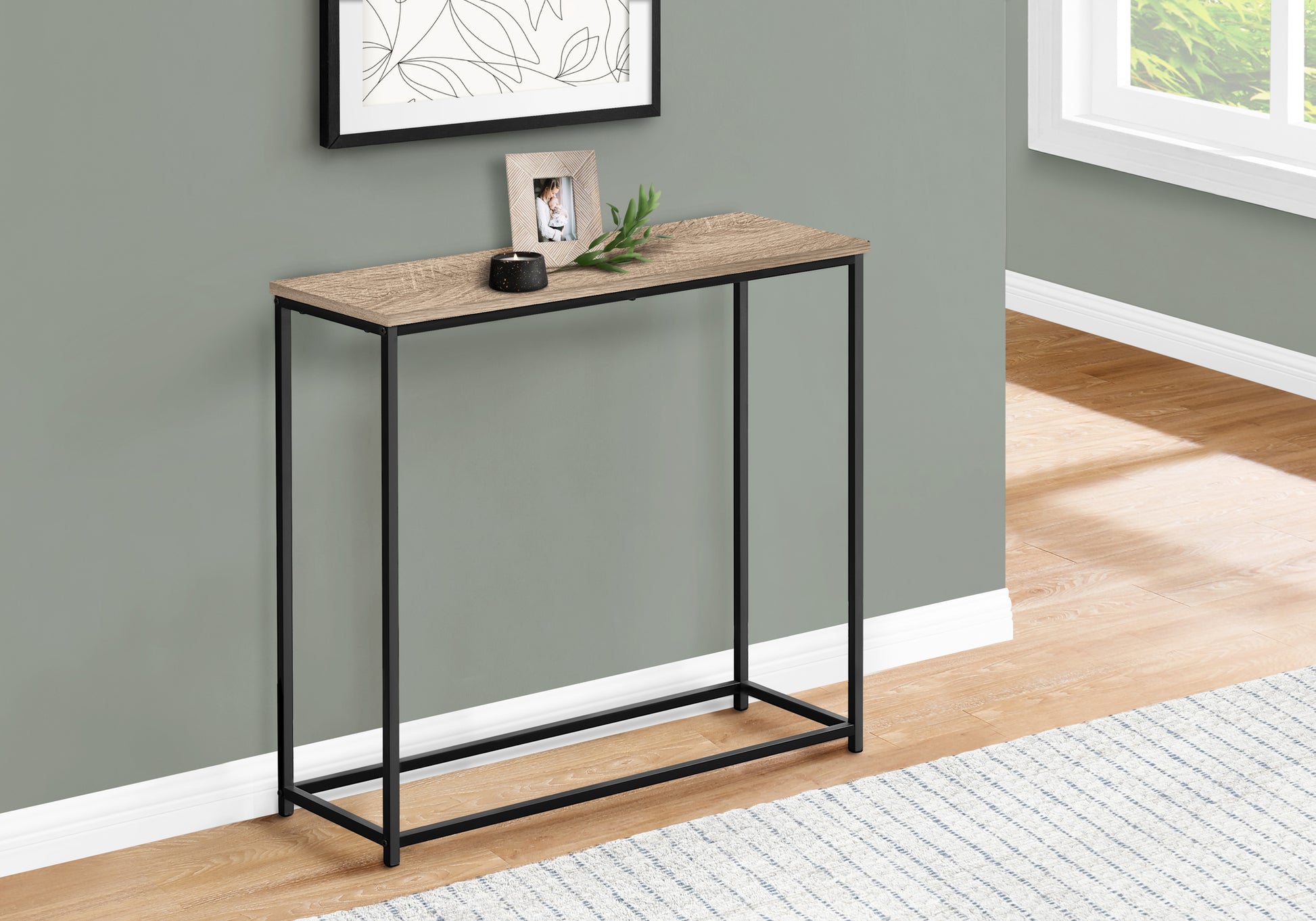 Rustic oak console table with black metal frame perfect for entryways