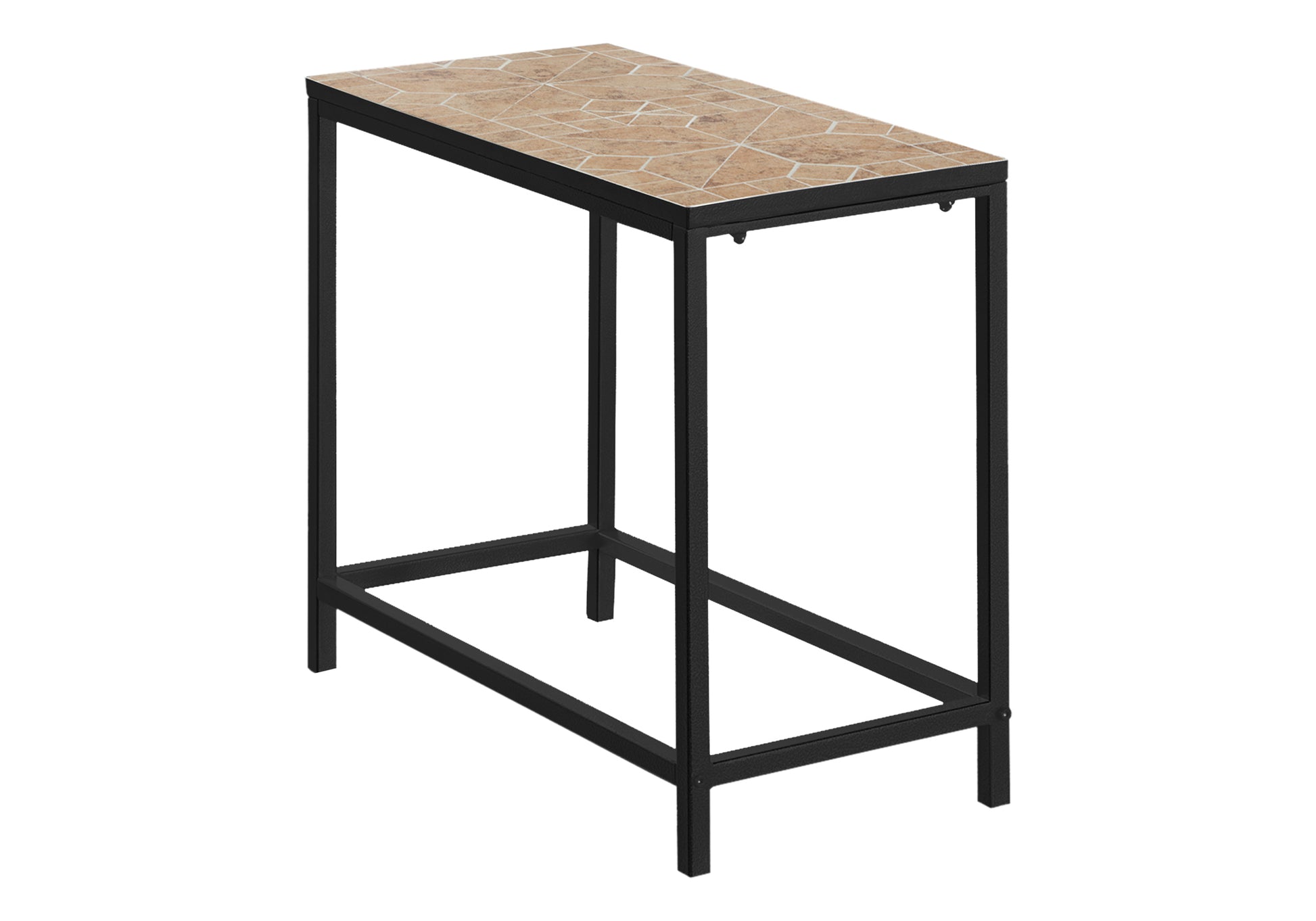 Rectangular side table with a tiled top and black metal frame perfect for small spaces