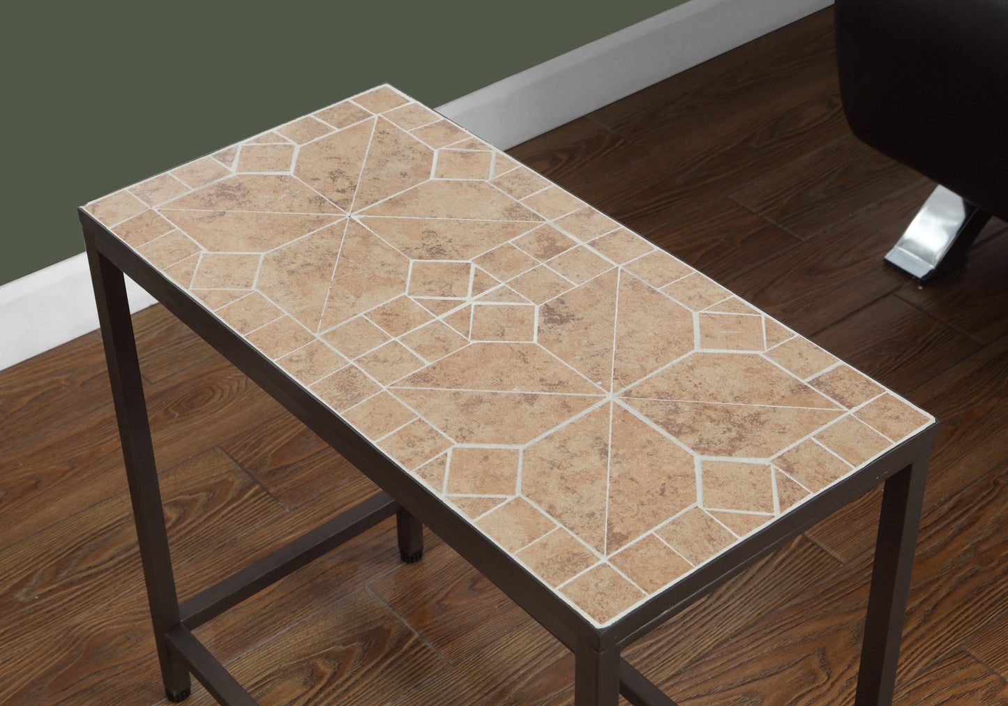 Rectangular end table with a brown metal frame and a mosaic tile top featuring geometric patterns in tan and cream