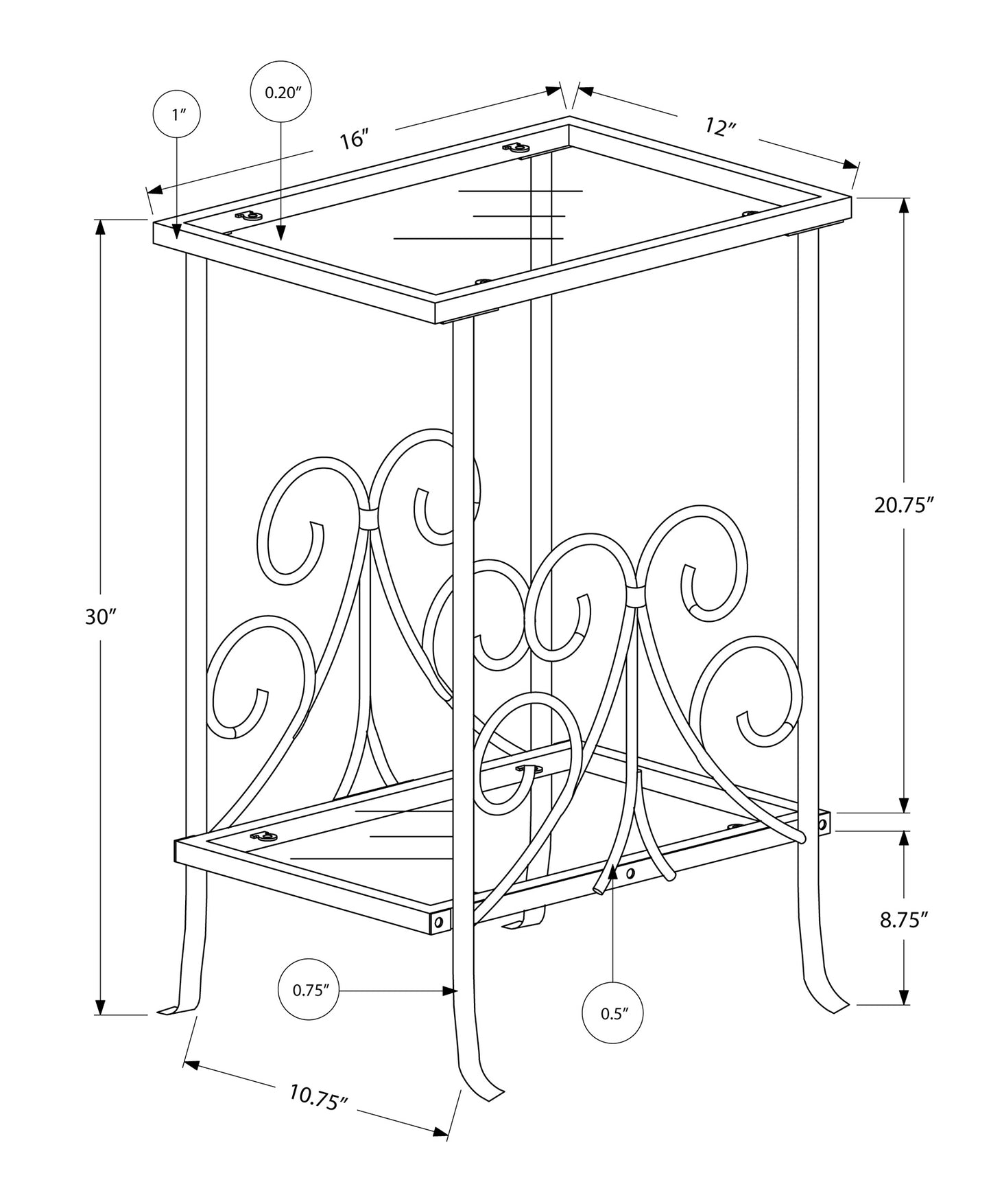 Line drawing of a wrought iron end table with scrollwork xx inches