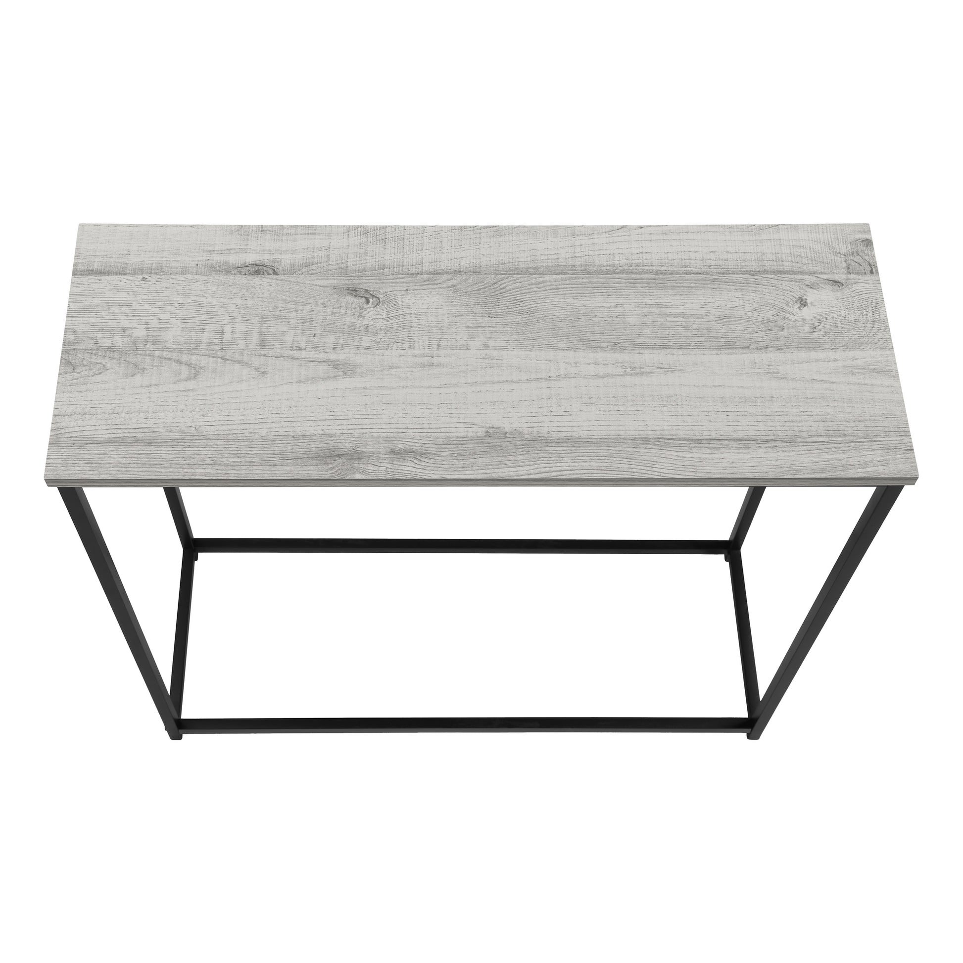 Modern grey wood coffee table with black metal frame ideal for living rooms