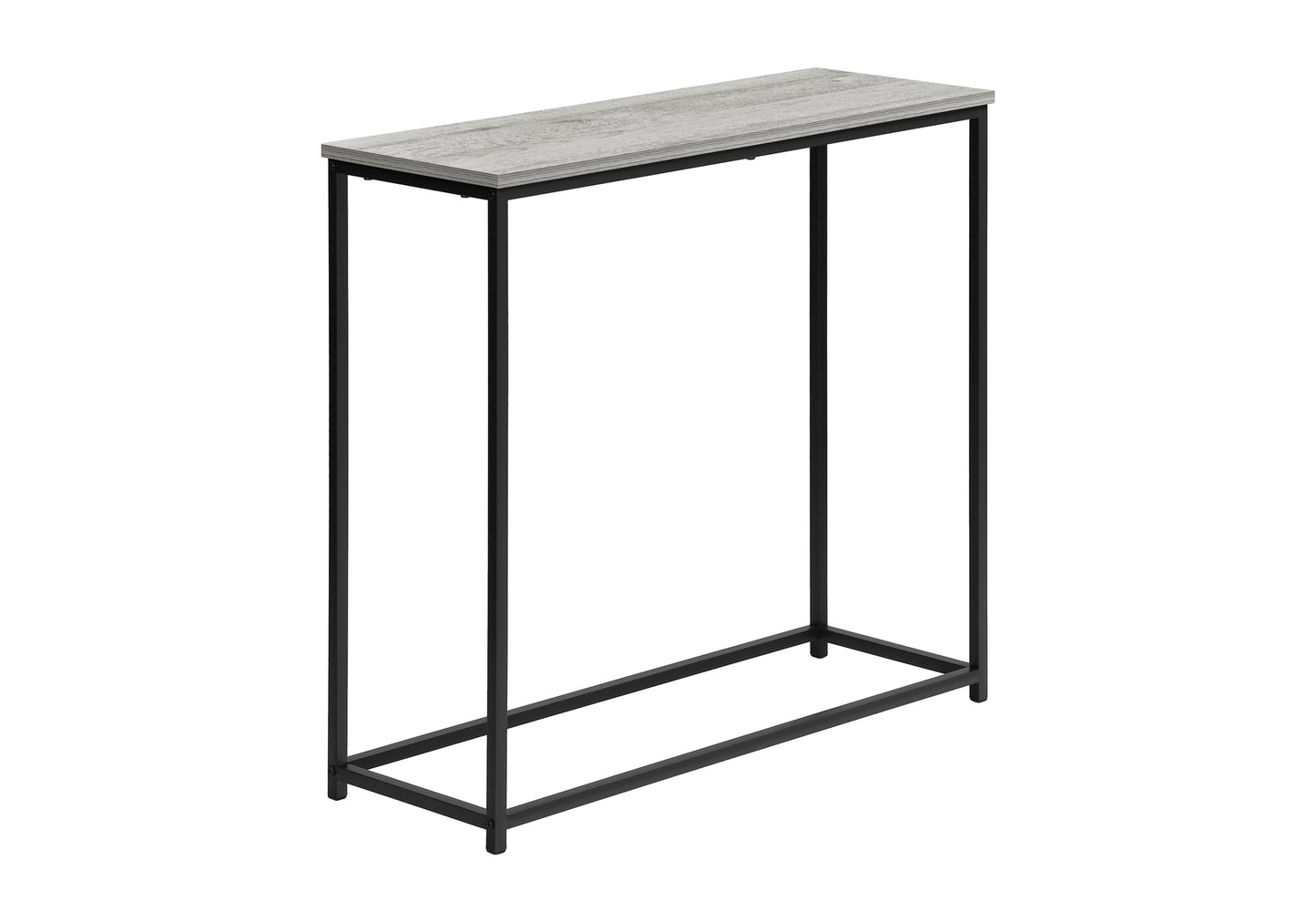 Gray wood finish console table with slim black metal frame  characters