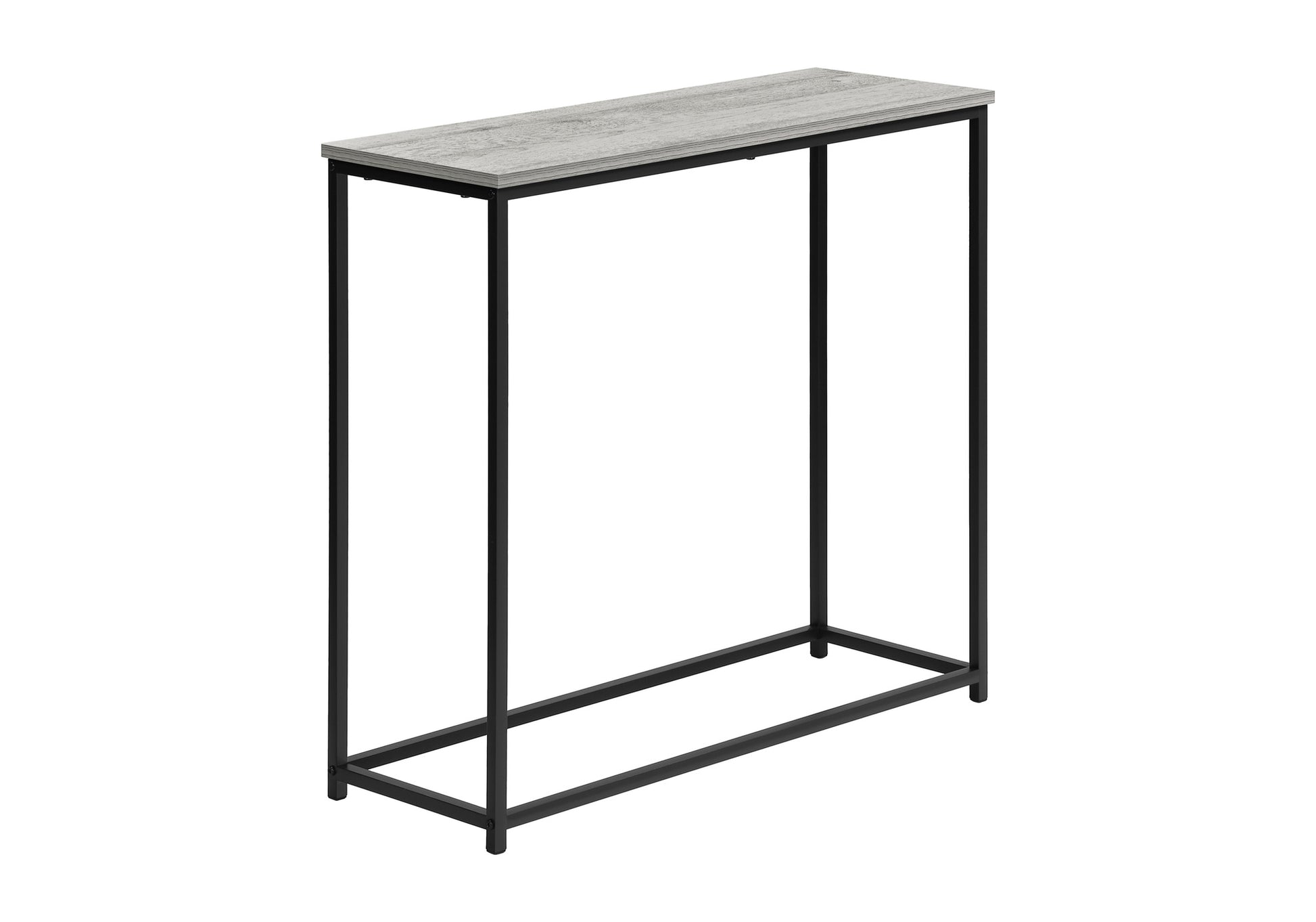 Gray wood finish console table with slim black metal frame  characters