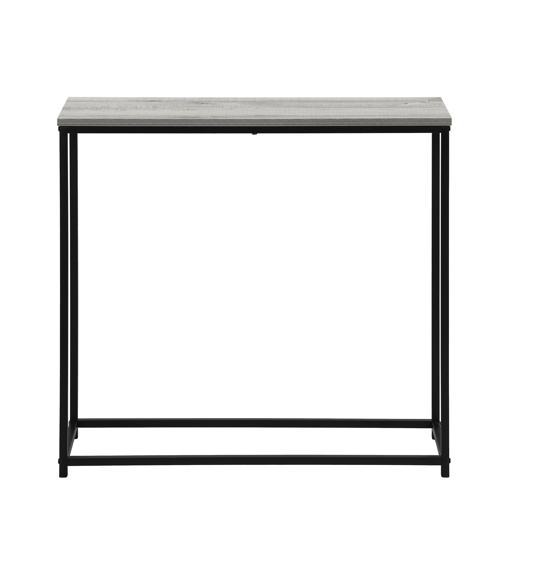 Gray wood top console table with black metal frame and legs