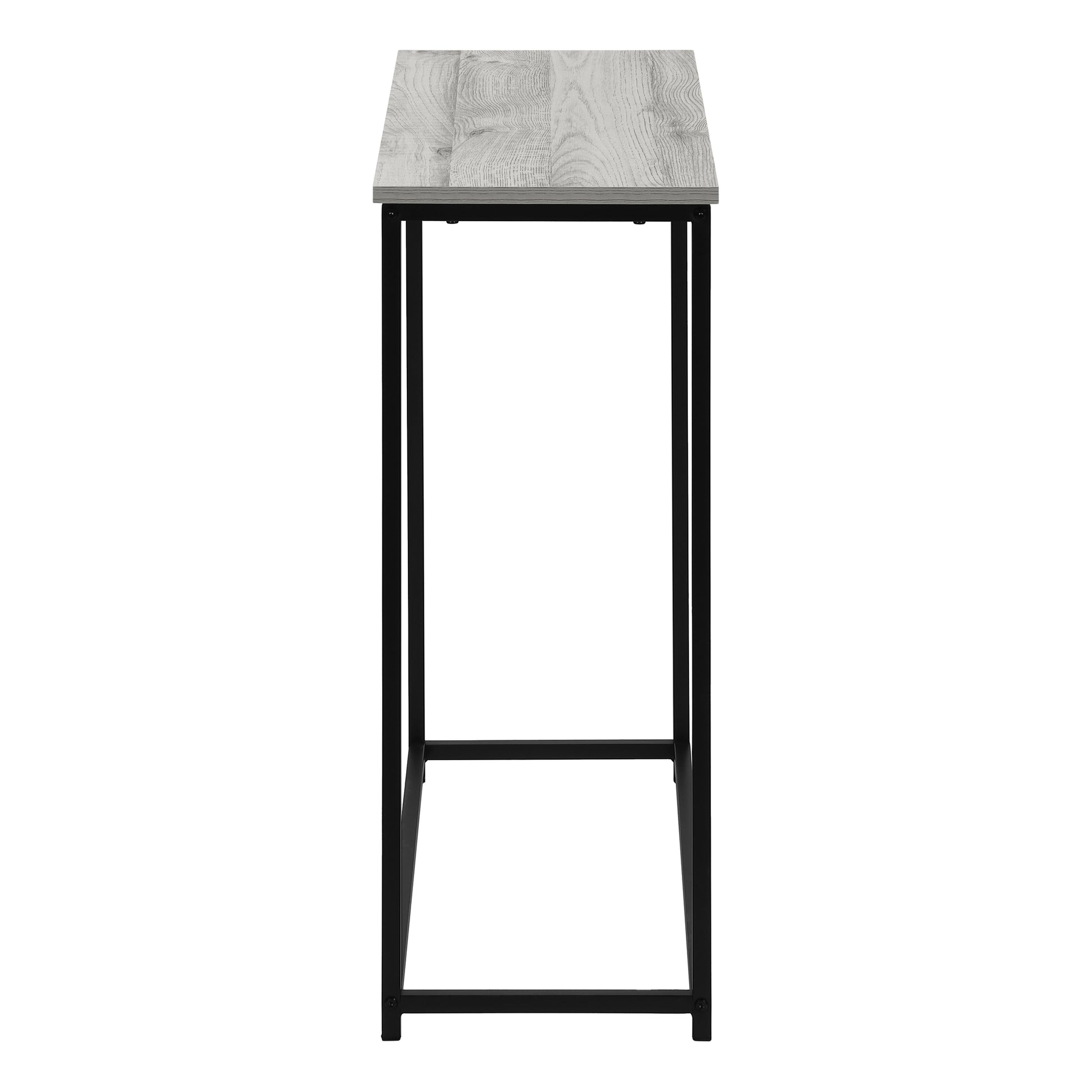 Rustic gray wood grain console table with black metal legs slim profile for hallways
