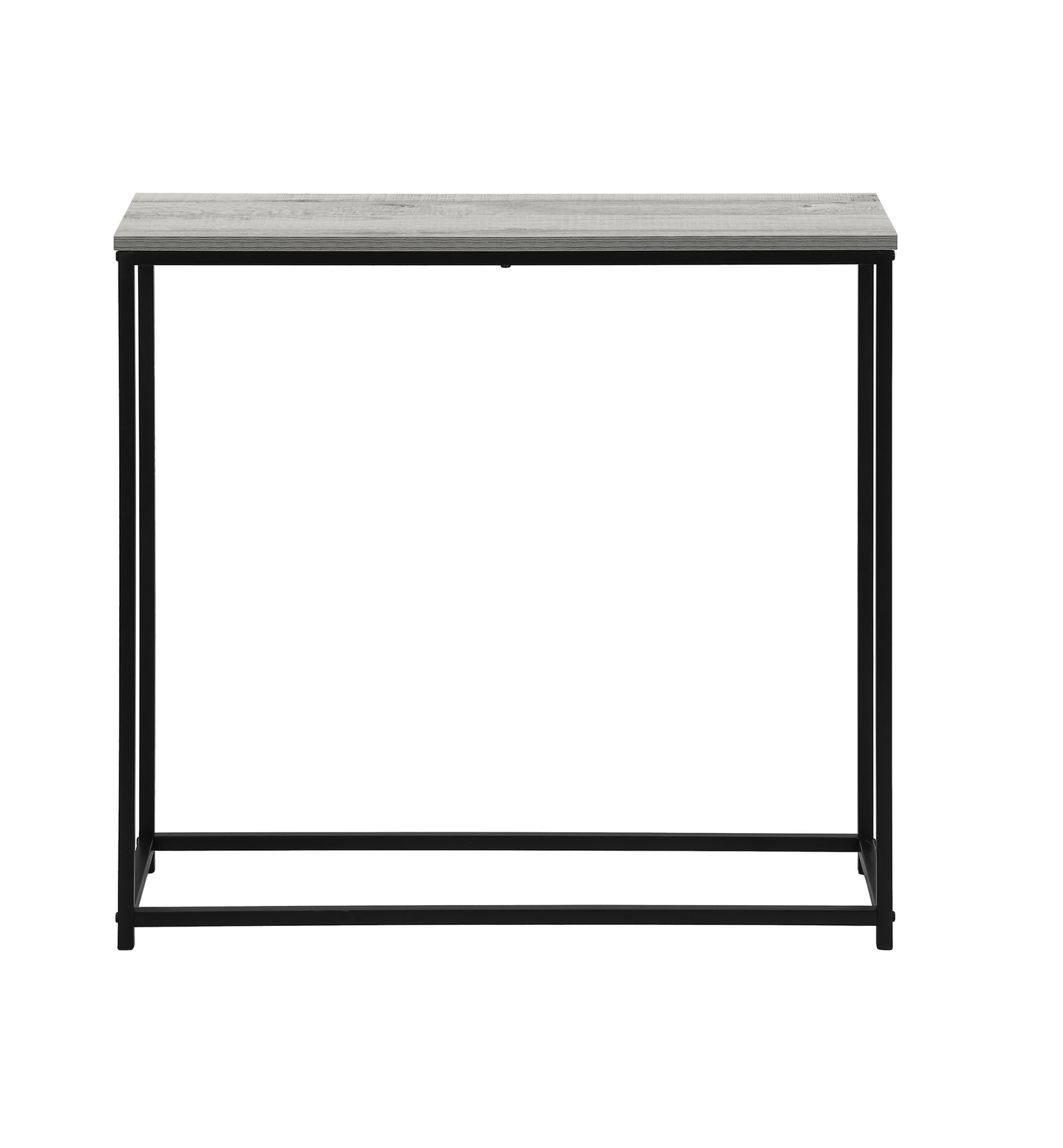 Sleek gray wood top console table with black metal frame perfect for entryways