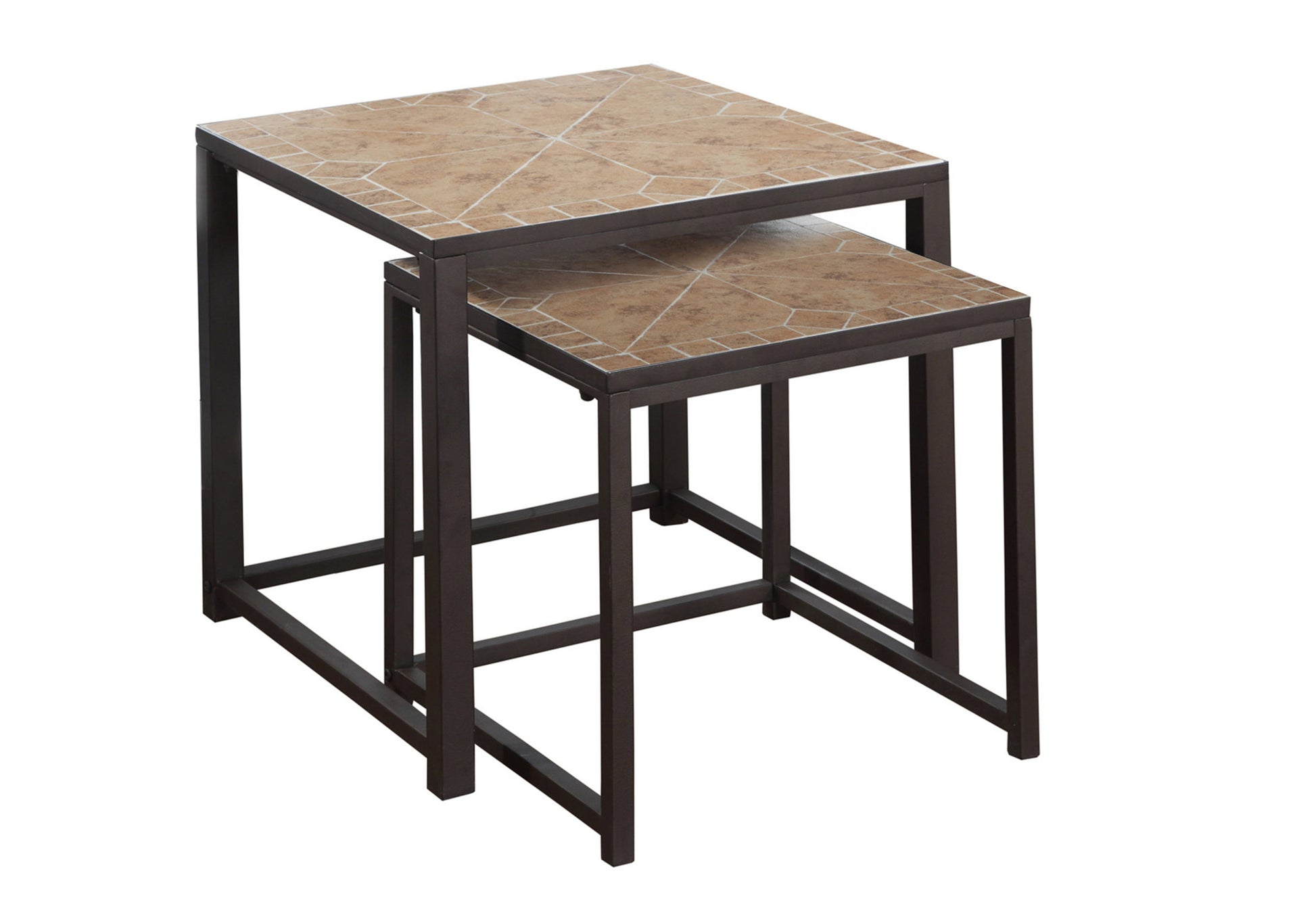 Brown tile top nesting tables with dark metal frames