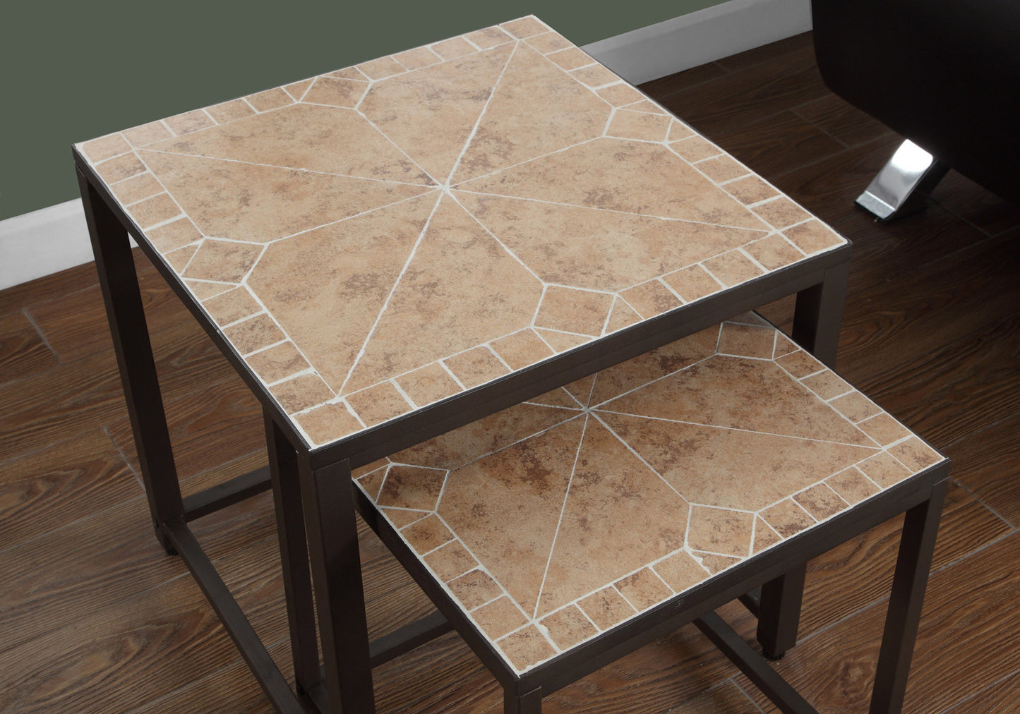 Set of  nesting tables with brown tile tops and dark metal frames