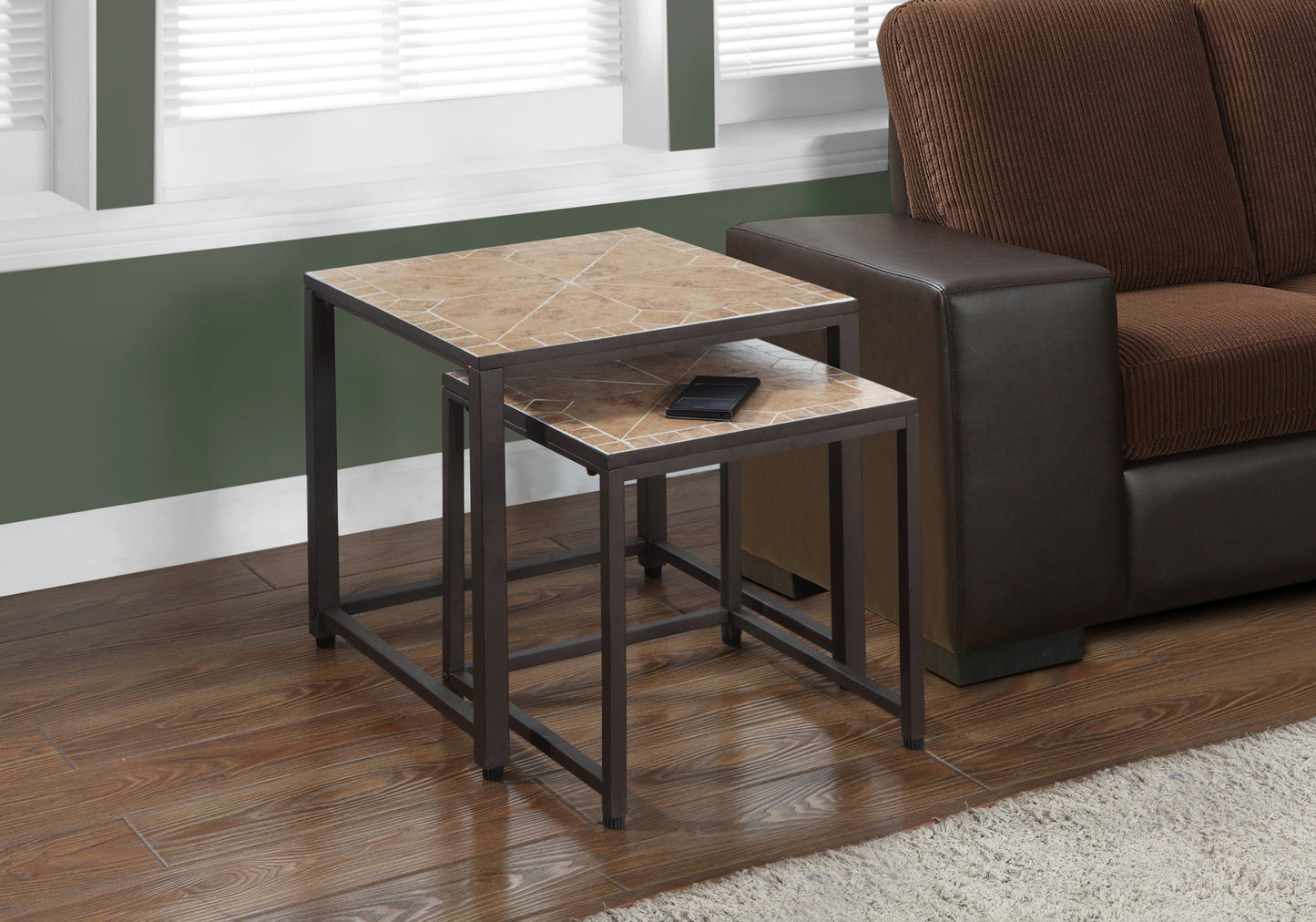 Brown tiled nesting tables with metal frames complementing modern living rooms