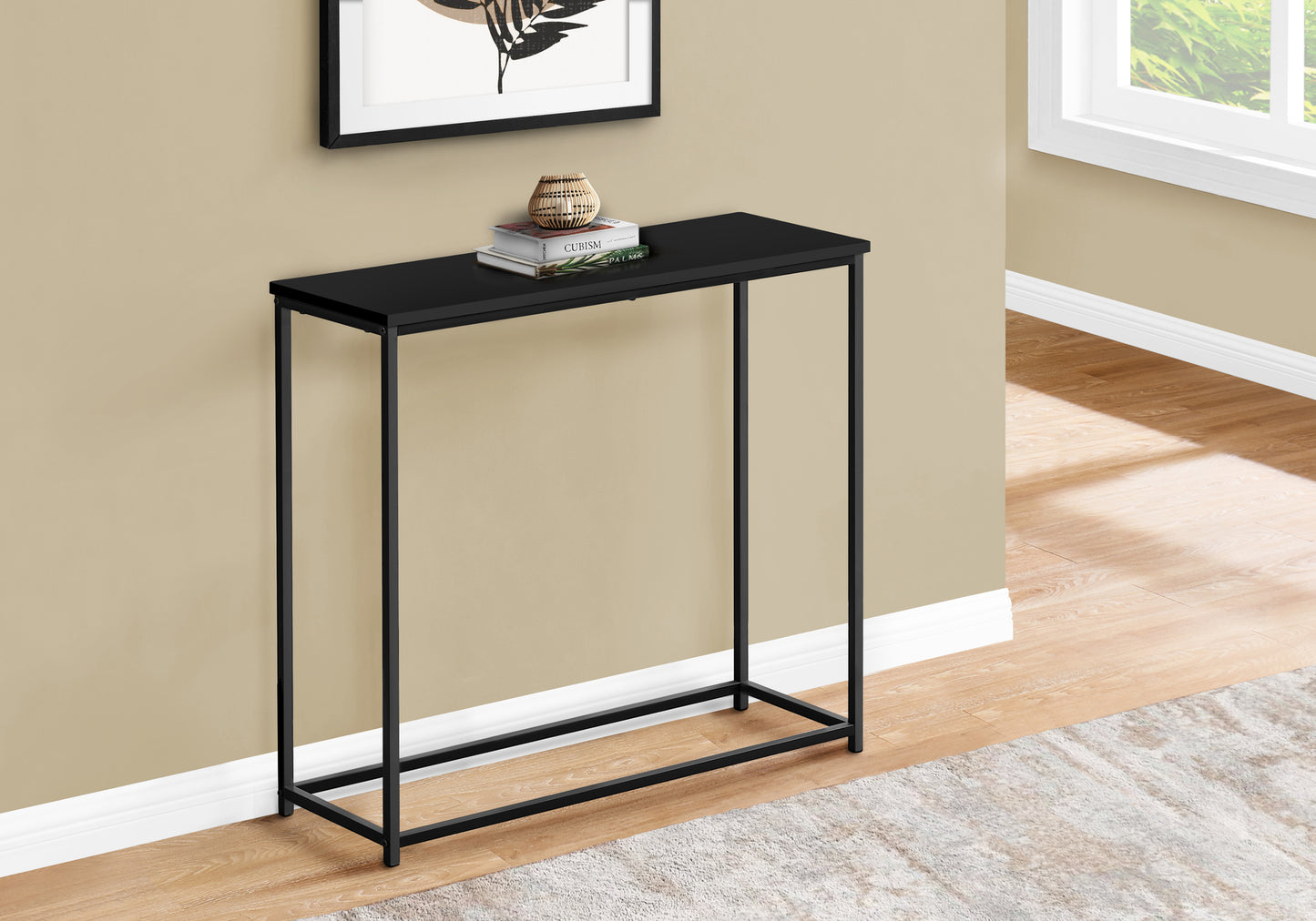 Sleek black metal frame console table with a slender minimalist design