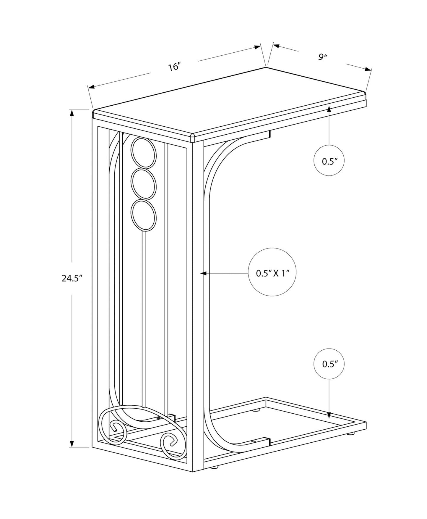 Line drawing of a slender metal Ctable with a top surface and decorative scrolling base