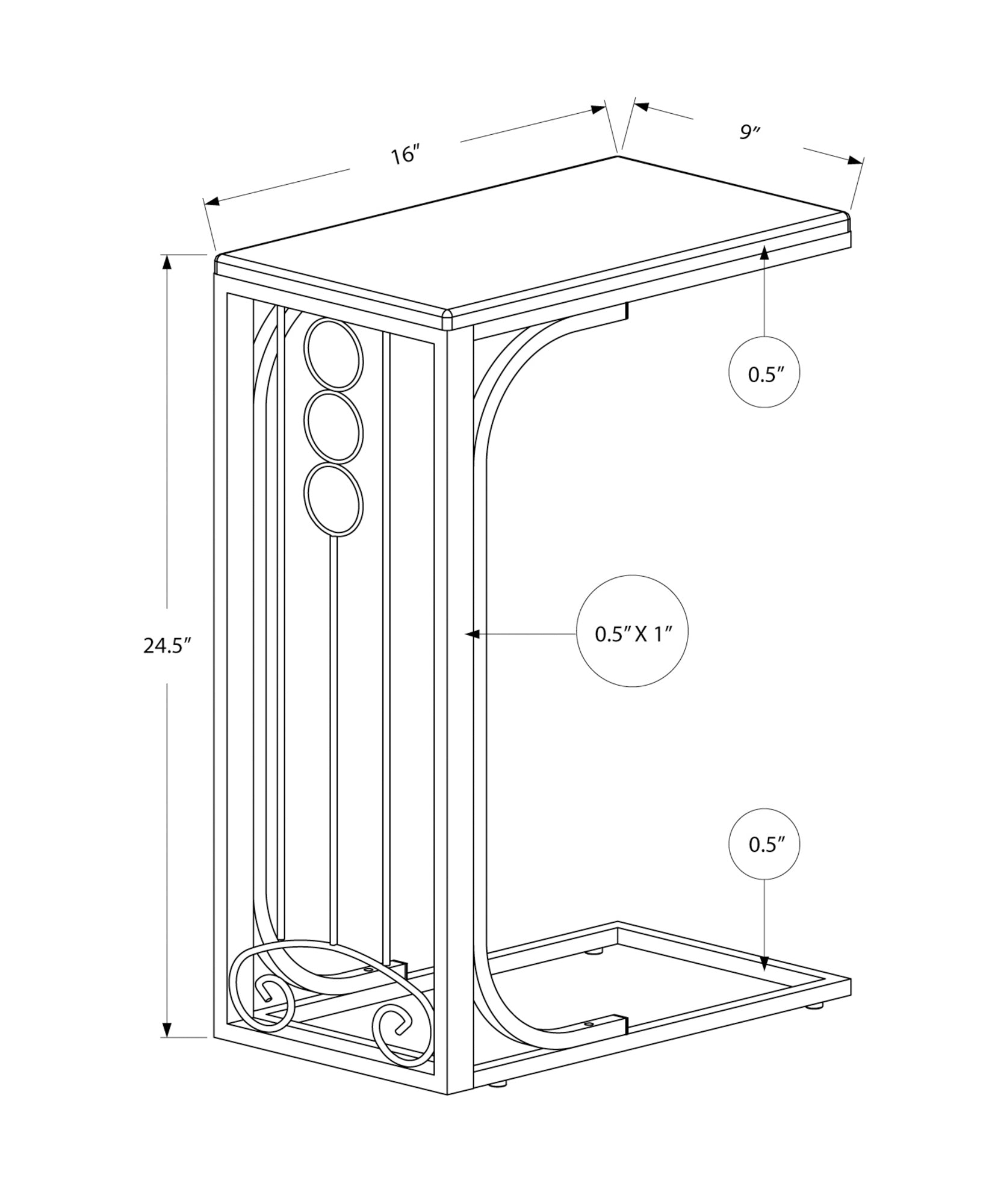 Line drawing of a slender metal Ctable with a top surface and decorative scrolling base