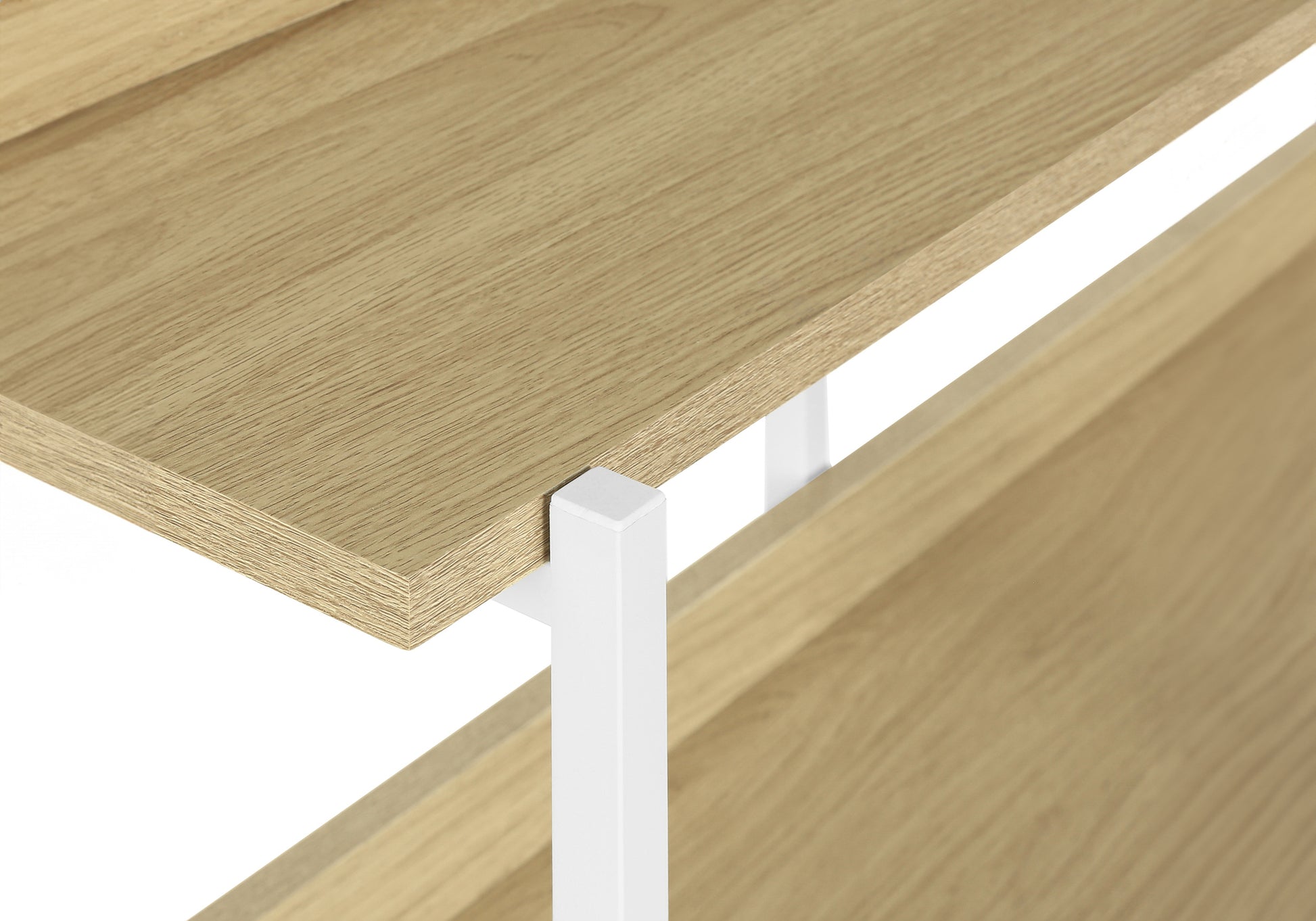 Light oak shelf with white metal frame detail modern storage solution