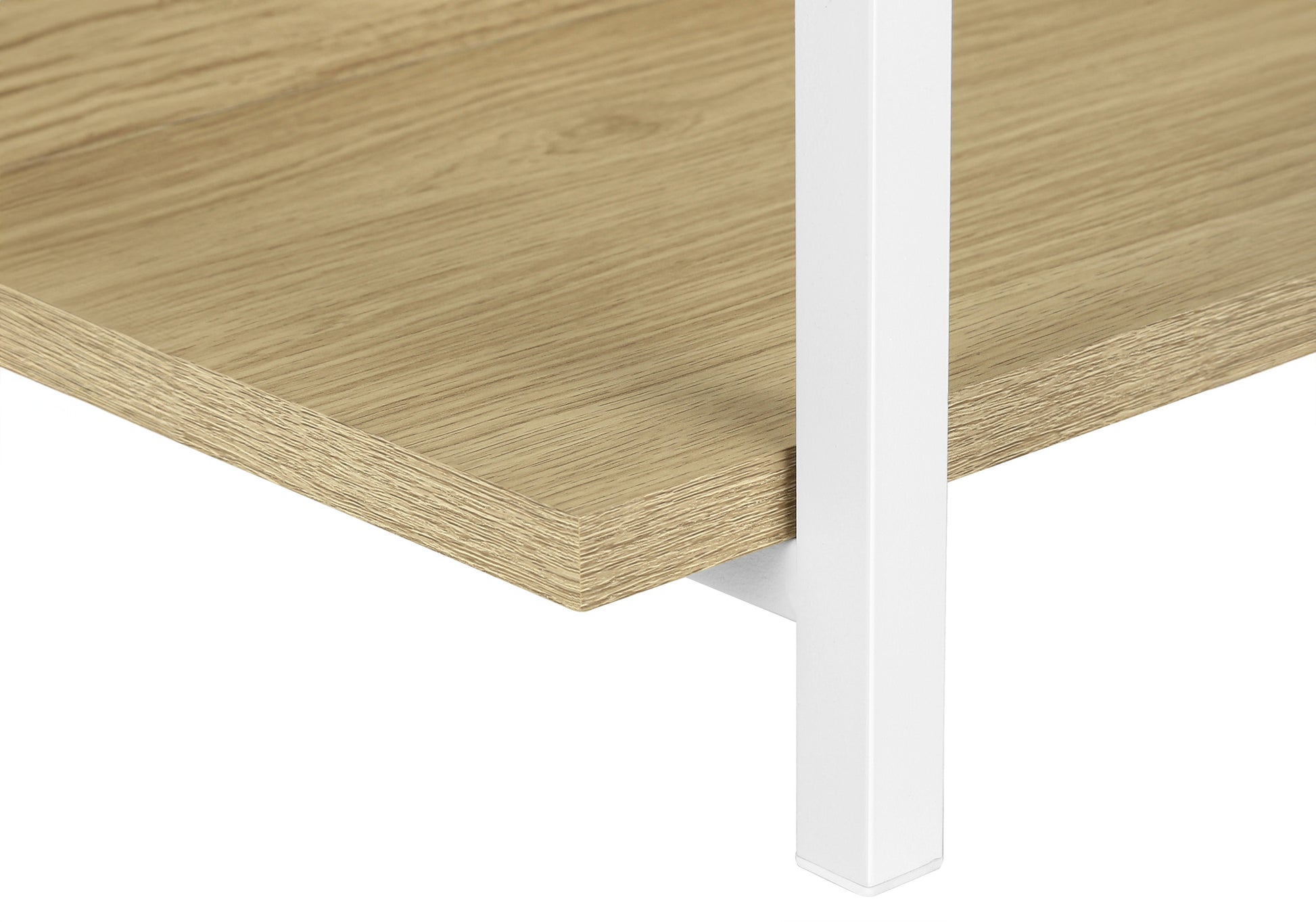 Closeup of light oak wood shelf with white metal leg
