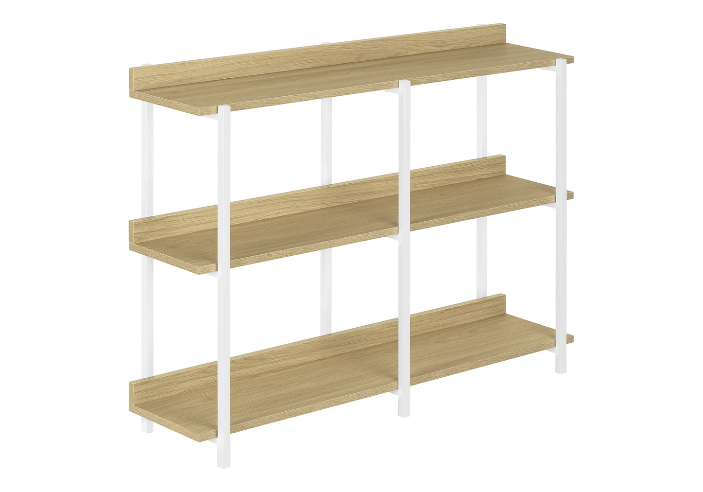 Threetiered oak veneer shelf unit with white metal frame perfect for modern living spaces