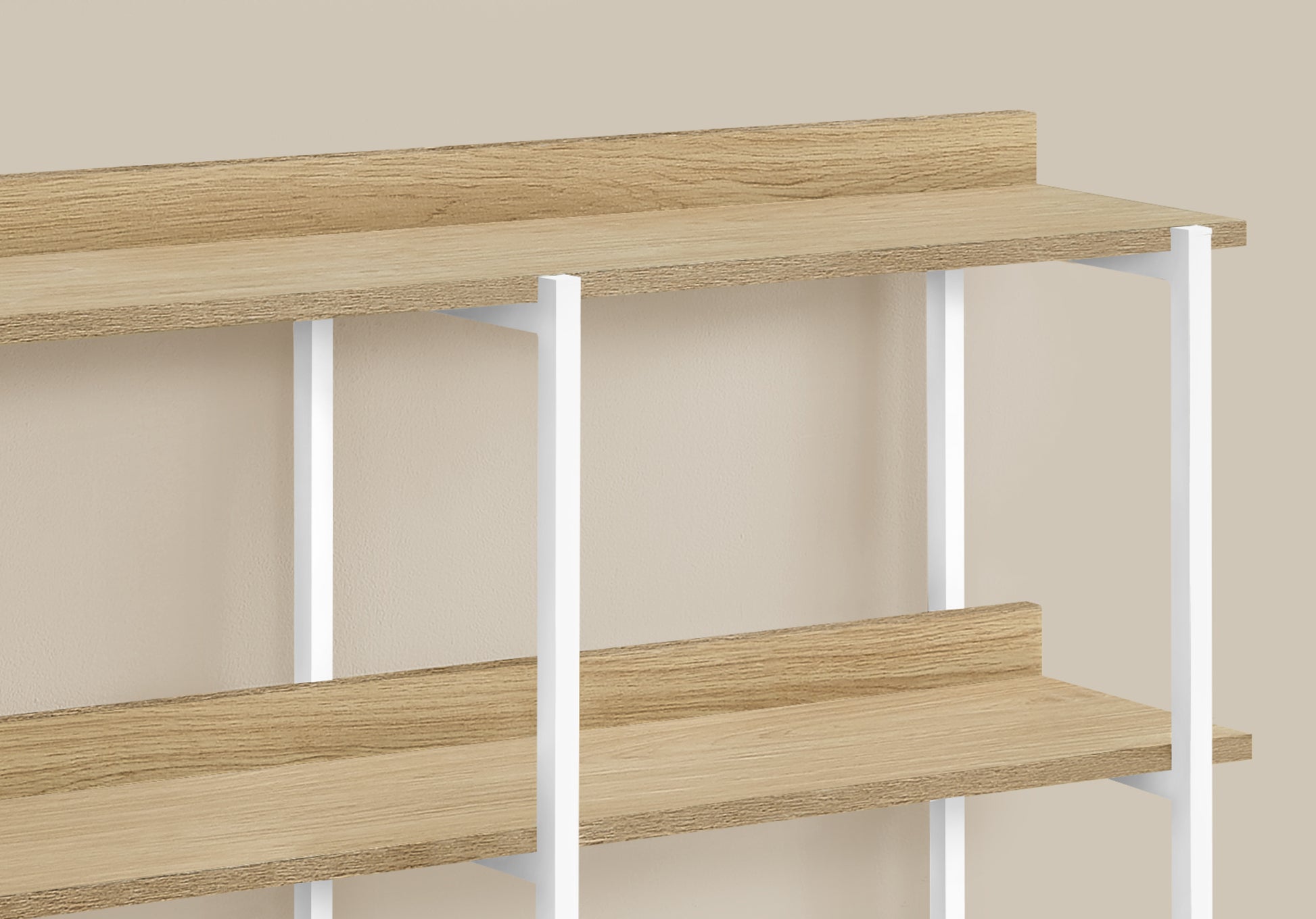 Closeup of a modern blonde wood shelf with white metal frame