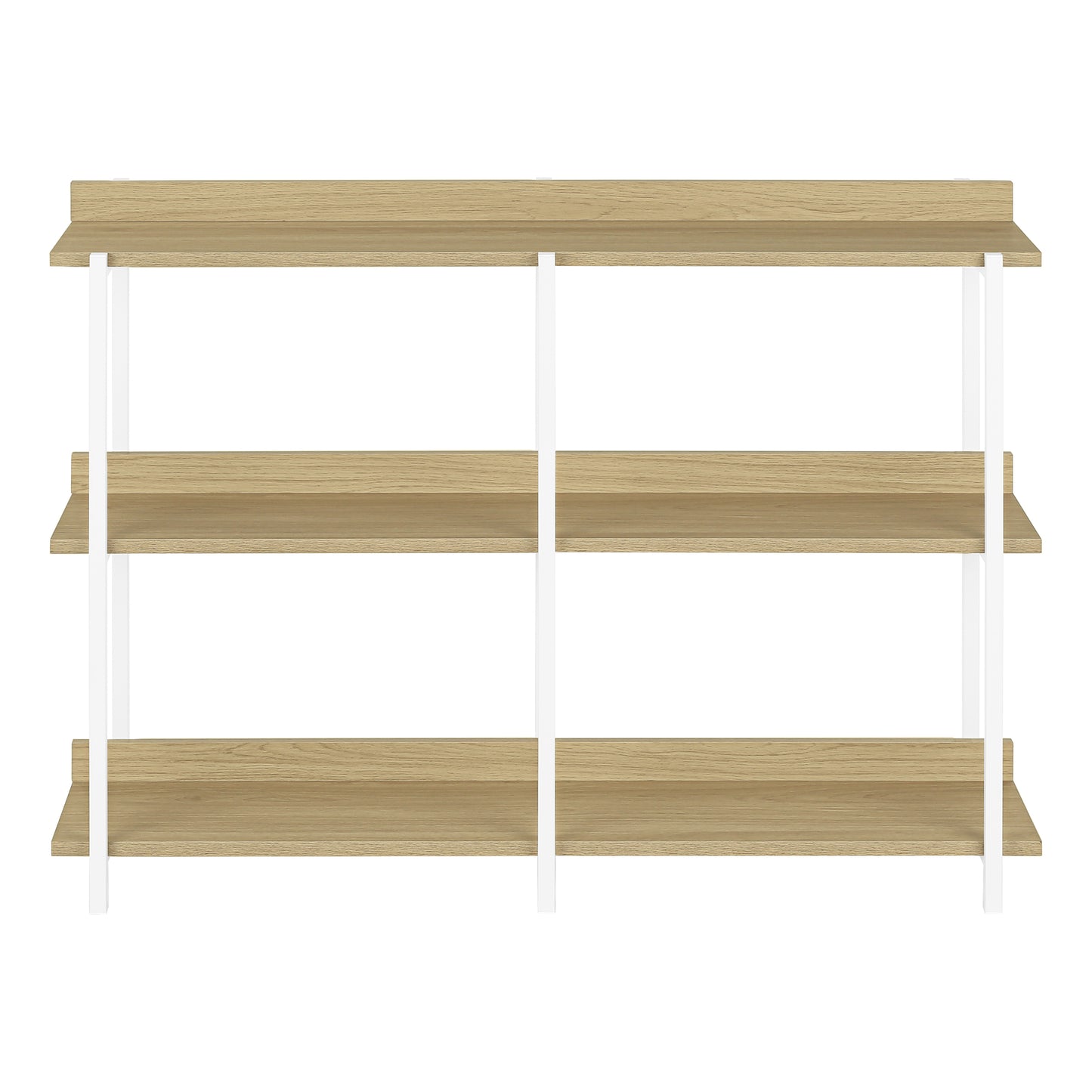 Threetier wood shelving unit with white metal frame modern design for home organization