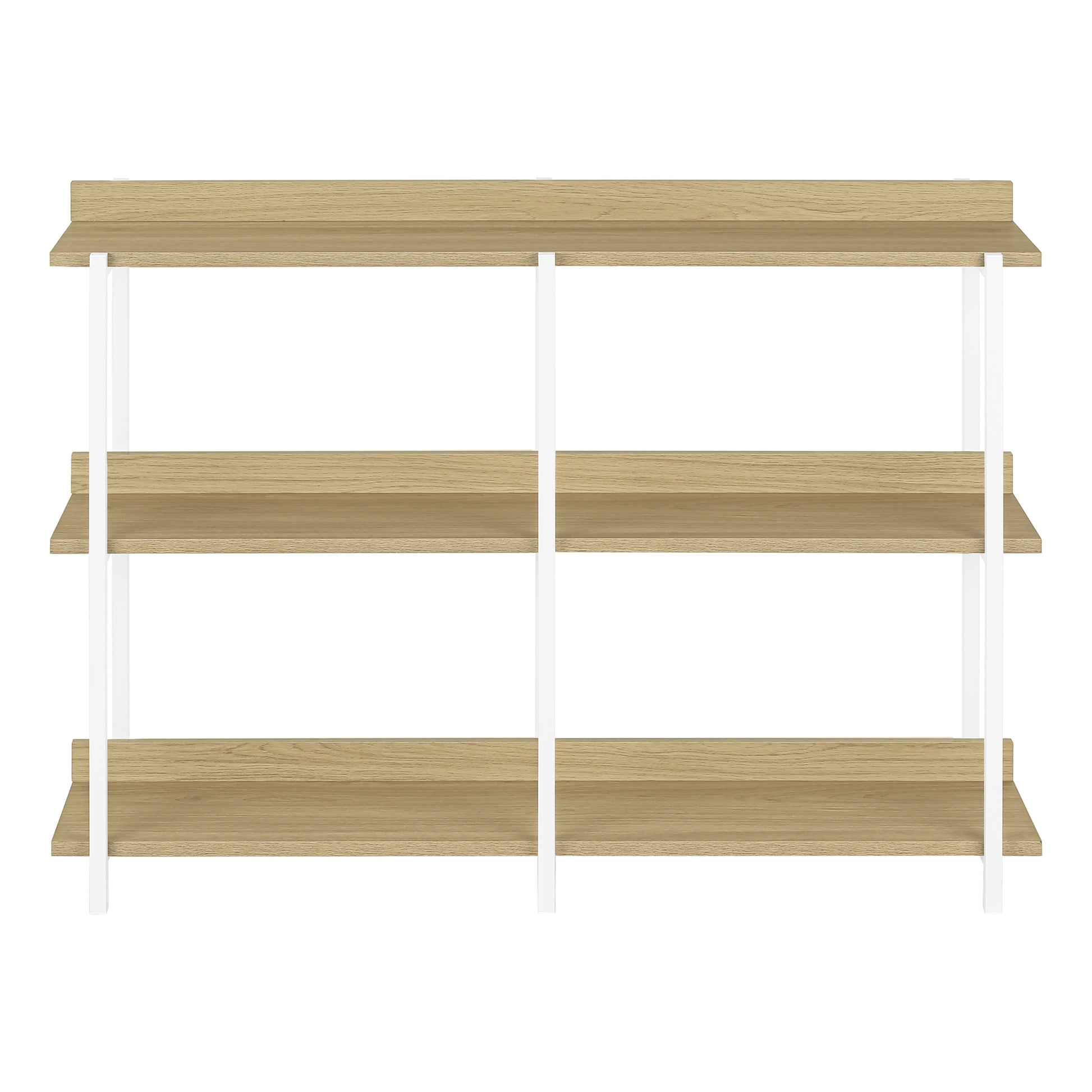 Threetier wood shelving unit with white metal frame modern design for home organization