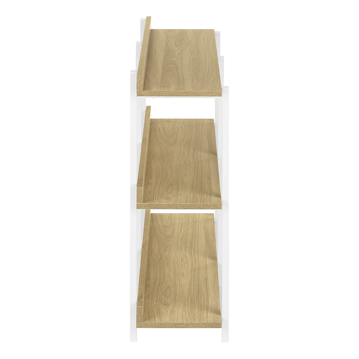 Threetier modern bookshelf with light oak wood shelves and white metal frame
