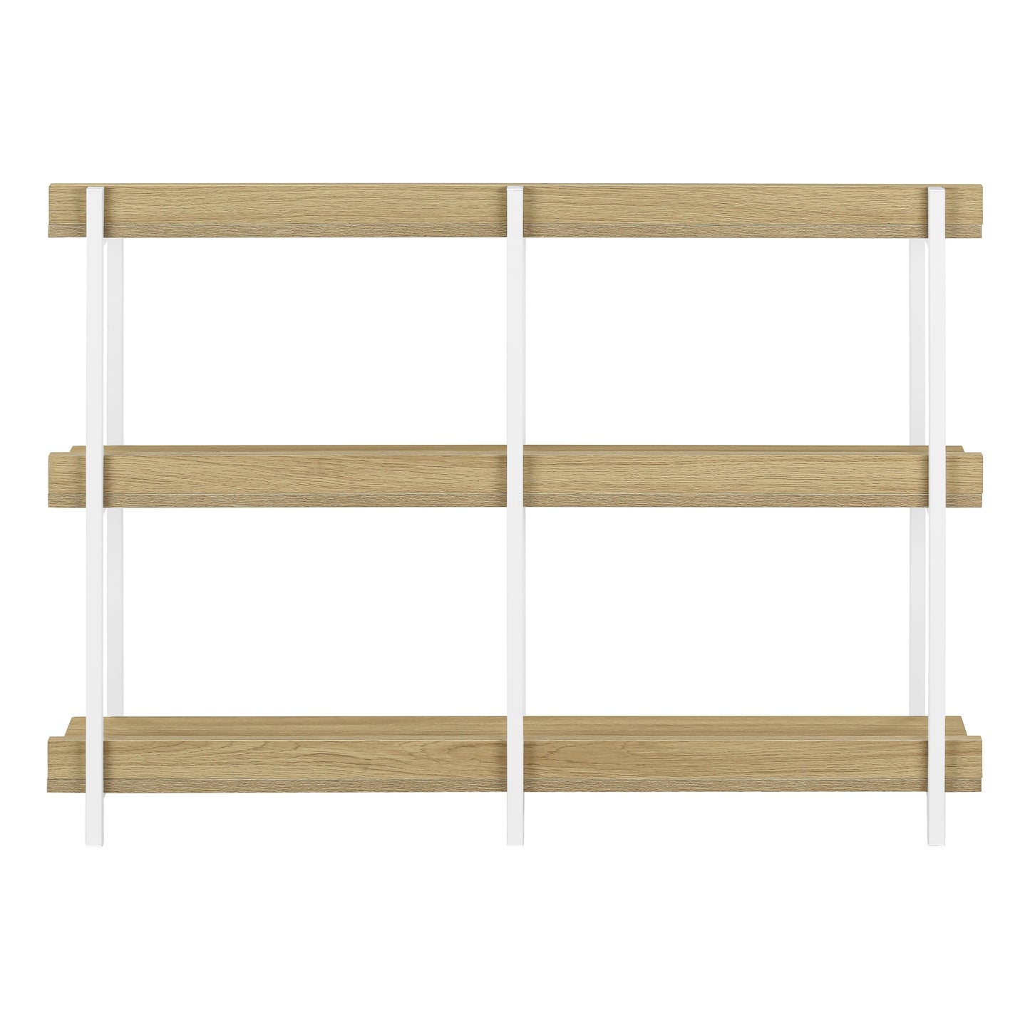Modern wooden shelf unit with white metal frame ideal for home organization