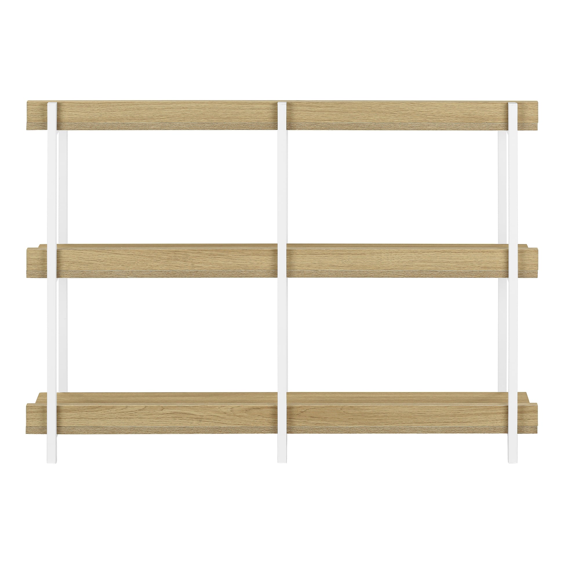 Modern wooden shelf unit with white metal frame ideal for home organization