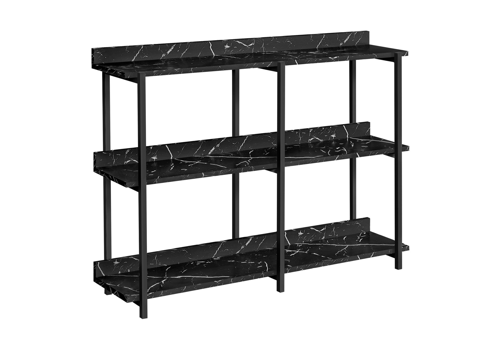 Black marble shelf unit with modern black metal frame ideal for home storage