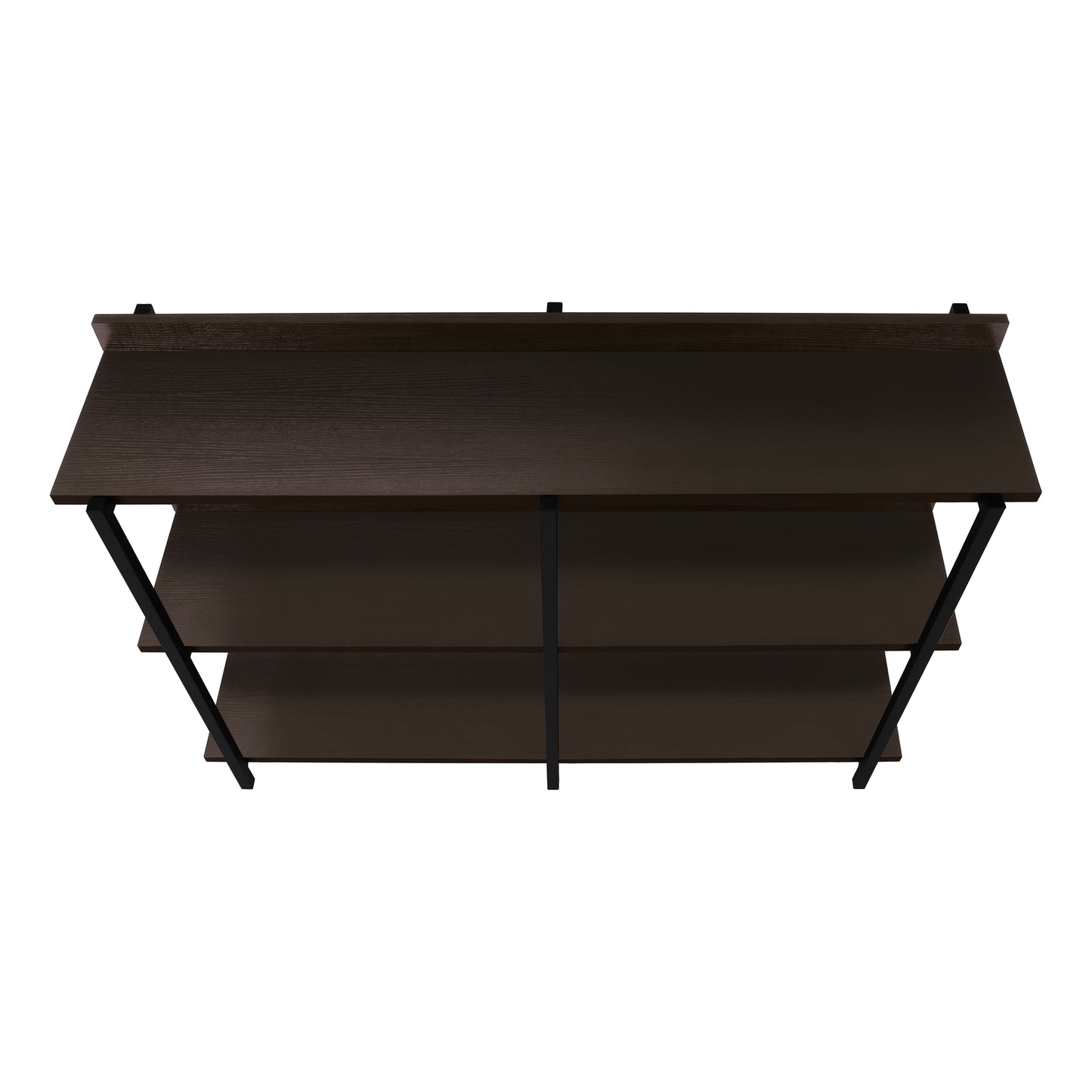 Dark brown wooden threeshelf console table with black metal frame