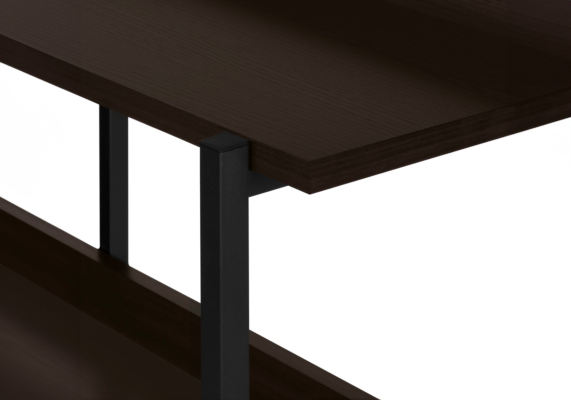 Dark brown wood grain laminate shelf with black metal frame support minimalist design