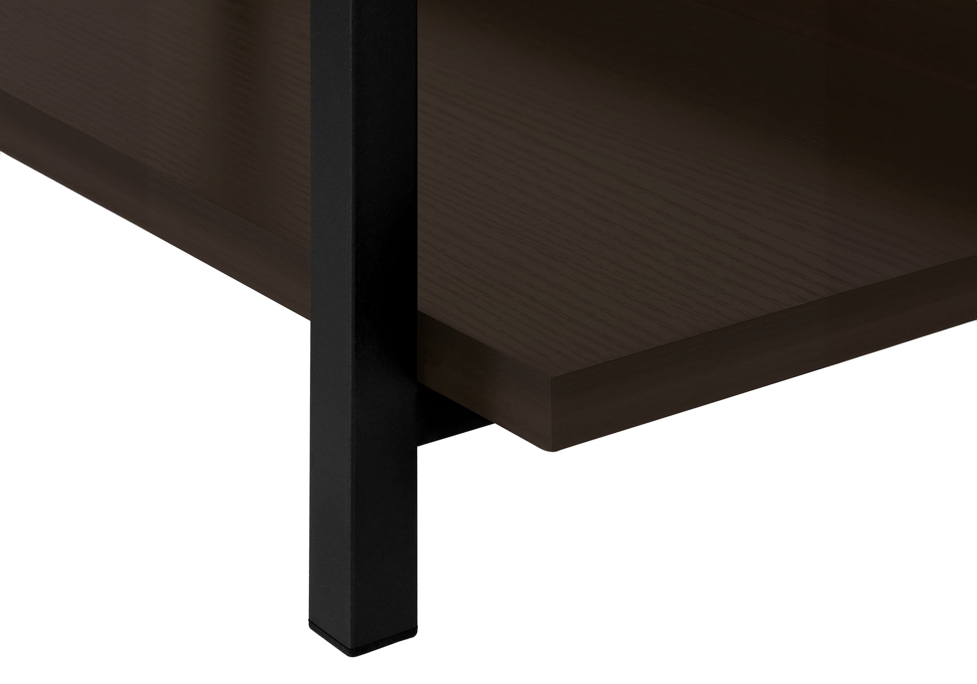 Dark wood shelf with black metal leg detail
