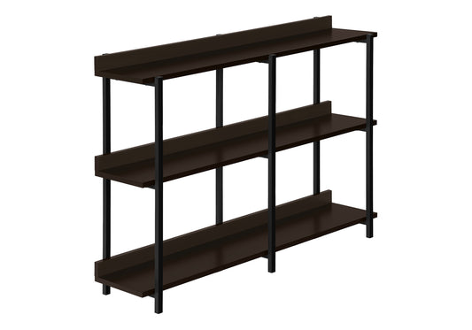 Dark wood open shelf unit with black metal frame modern design for living room